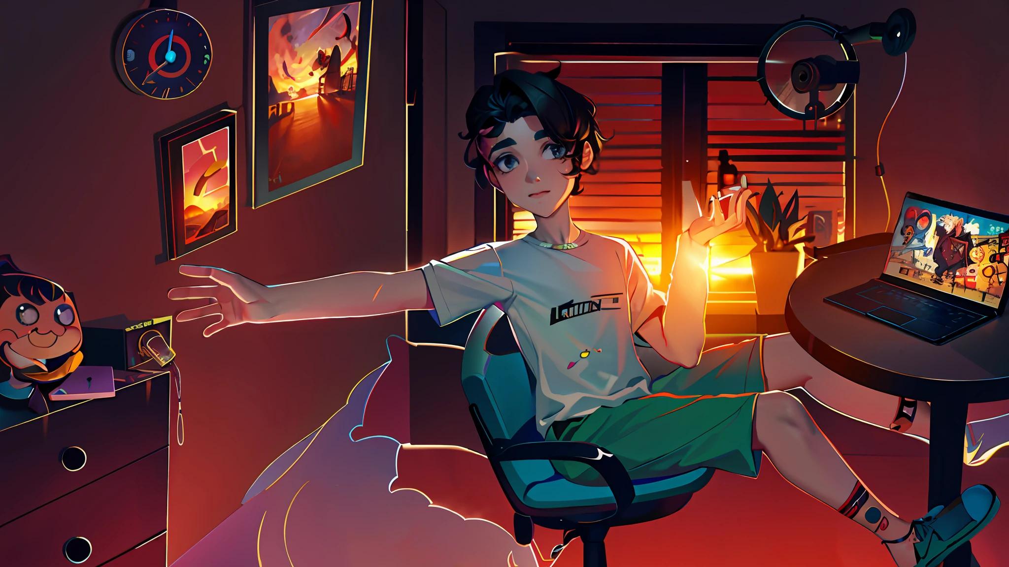 cartoon of a man sitting in a chair in front of a laptop, high quality fanart, official fan art, realistic artstyle, official fanart, lofi artstyle, unearthly art style, an aesthetic!, detailed fanart, “uwu the prismatic person, commission for high res, lofi portrait, varguyart style, ((sunset)), loish art style