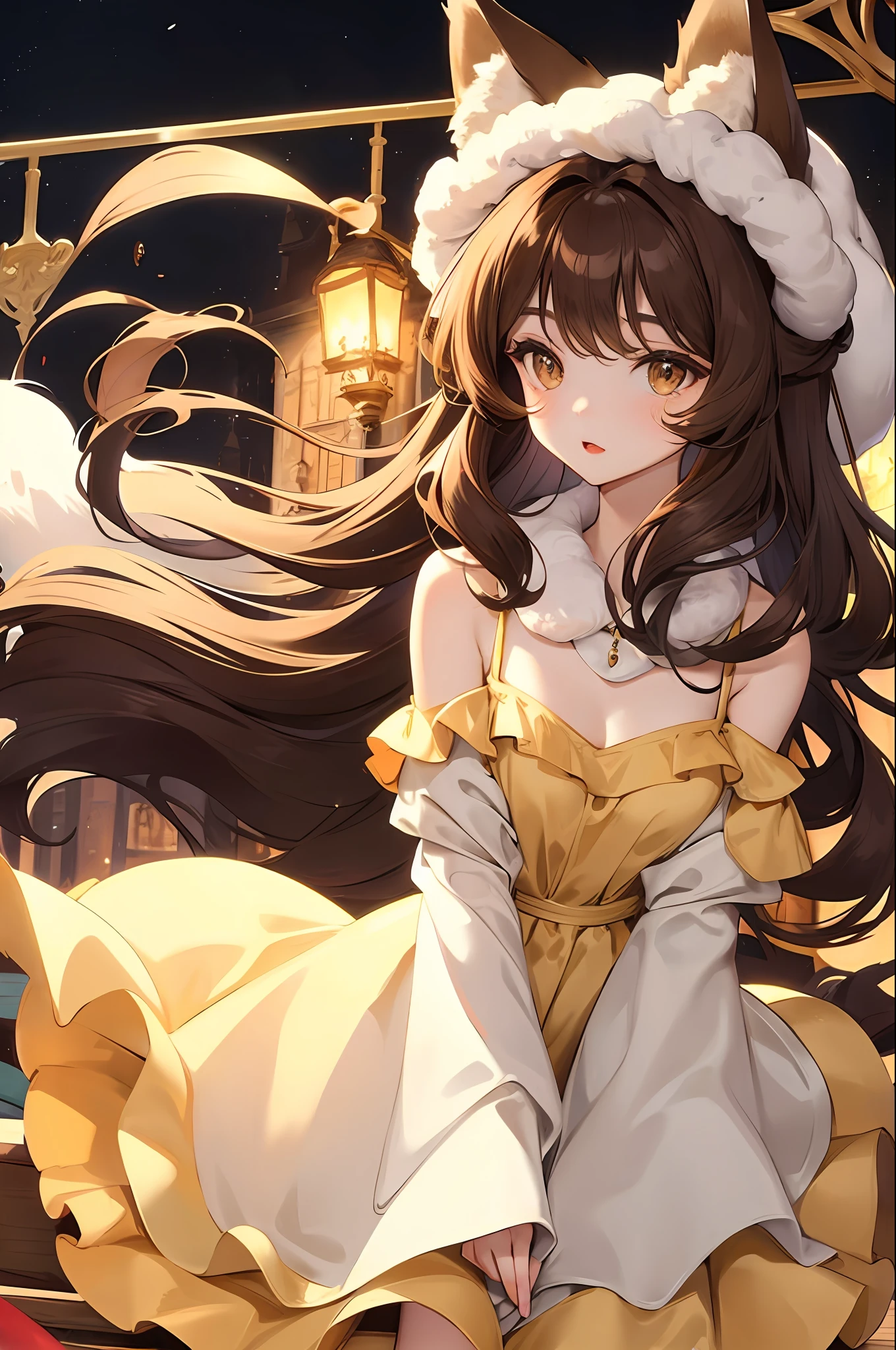 Cute , fluffy fox ears , brunette , Silky hair , brown eyes , Elegant dress , town