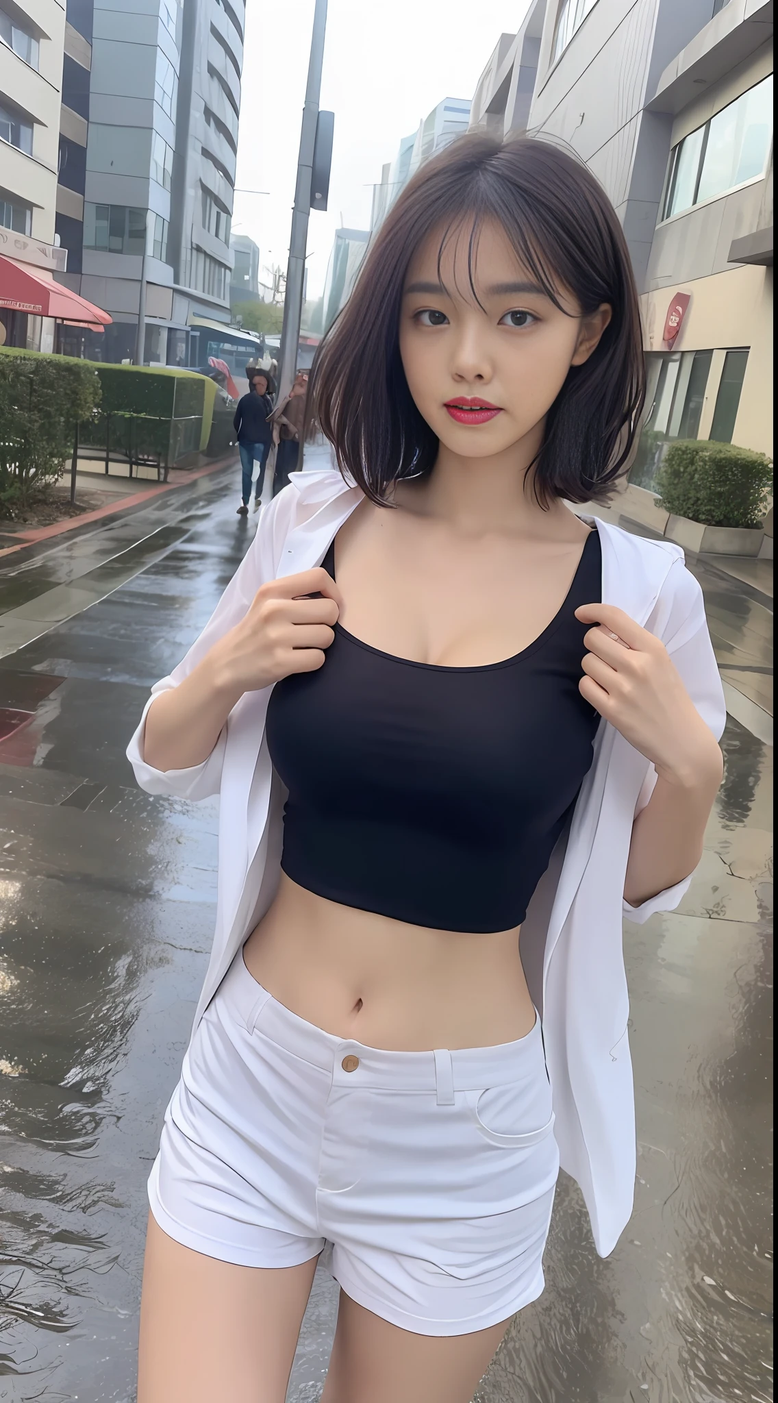 ((Best Quality, 8k, Masterpiece: 1.3)), Focus: 1.2, Perfect Body Beauty: 1.4, Buttocks: 1.2, ((Layered Haircut, Beautiful Breasts: 1.2)), (Wet Clothes: 1.1) , (Rain, Street:1.3), Short T-shirt: 1.1, Shorts, Open Belly Button, Highly Detailed Face and Skin Texture, Delicate Eyes, Double Eyelids, Whitened Skin, Long Hair