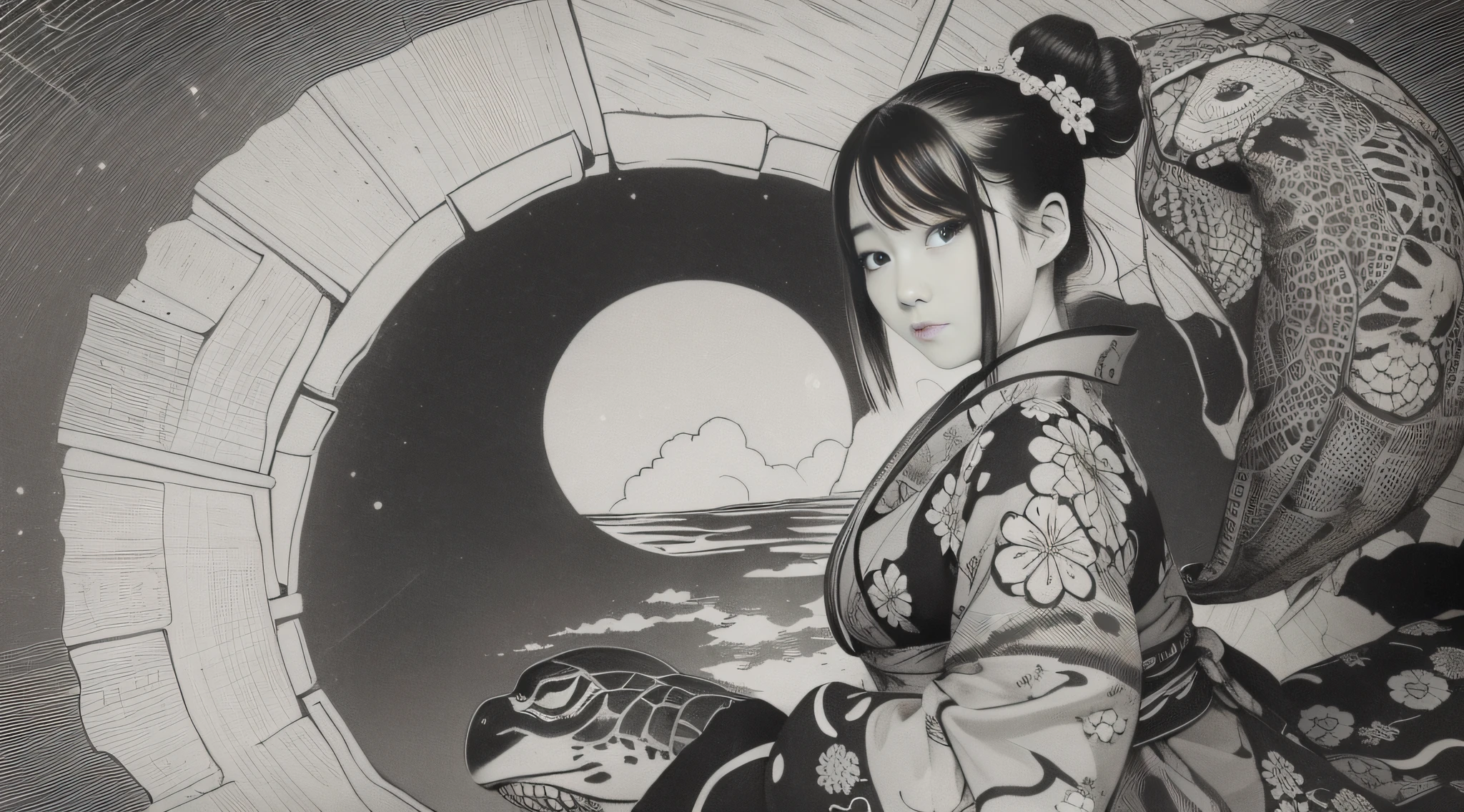 Ink woodblock print 27-year-old Japan woman in kimono straddling a large turtle Looking at the moon The background is the sea Always generate in black and white Woman in the style of an ancient ruin mural Upper body and turtle Turtle face accurately Watch out for women's fingers