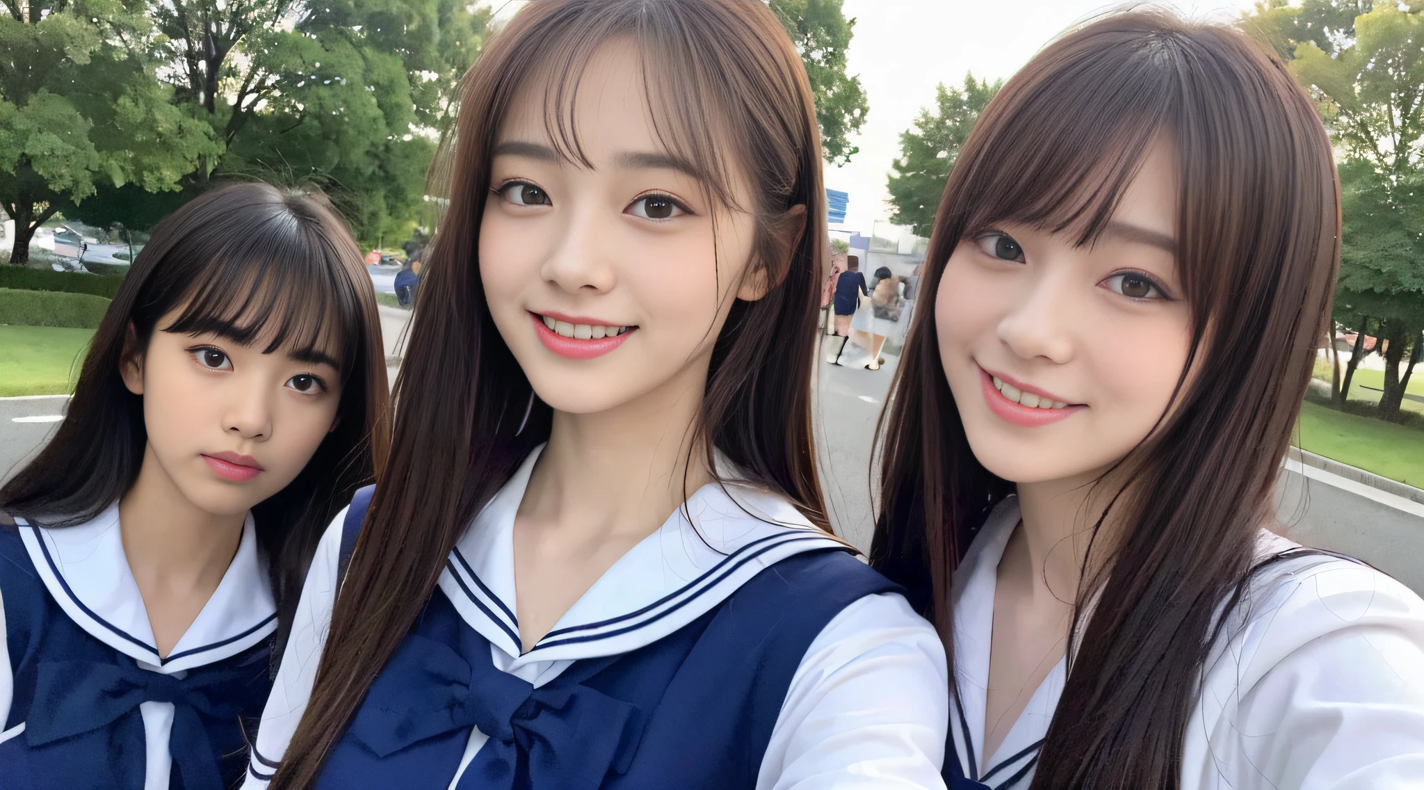 (8k, RAW photos, top quality, masterpieces: 1.2), ultra detailed, super resolution, (realistic, real photos: 1.37), portraits, high resolution RAW color photos, professional photos, very detailed and beautiful, ultra high quality, 8k wallpapers, amazing details, huge file size, very detailed beautiful girls, very detailed faces, very detailed eyes, very realistic skin, very detailed fingers, very detailed nose, very detailed mouth, perfect anatomy, highly detailed background,night cherry blossom, night, night road, tokyo cherry blossom highly detailed clothes, teen, cute girl, famous Japan idol, cute, realistic body, slender, white skin, glowing skin, slim body, long straight hair, (dull bangs:1.2), realistic face, delicate eyes, double eyelids, sailor suit, red ribbon schoolgirl friend smile fashionable uniform good friend Hair fluttering in the wind After school Brown hair Energetic Navel-out High school girl youth Celebrity-level cuteness Multiple high school girls Frolicking with friends Looks fun Full smile Cute Full body appearance