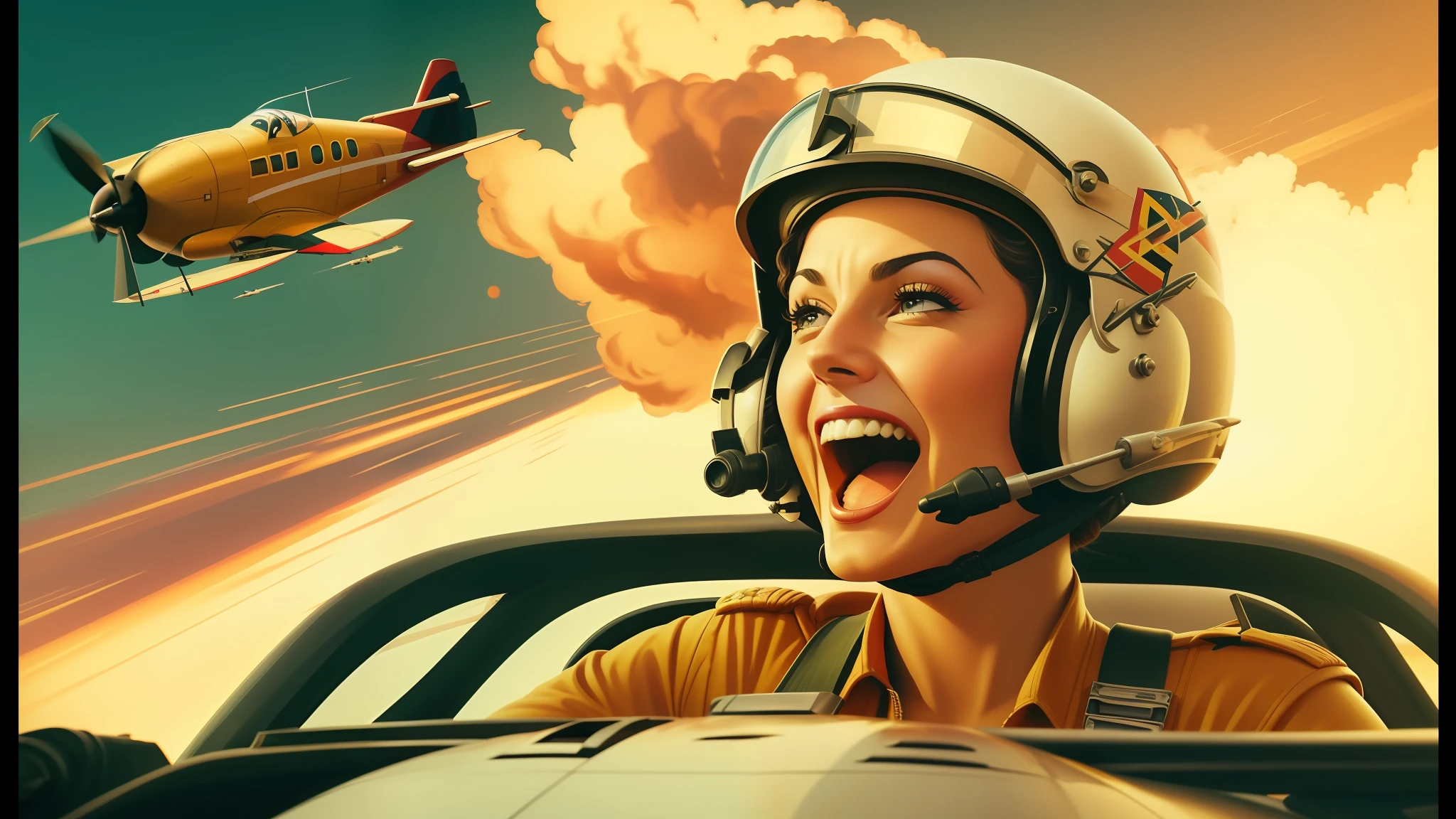 there is a woman in a helmet and a pilot in a plane, abduzeedo, laughing maniacally, fury art, aftereffects, pin - up girl, inspired by James Montgomery Flagg, rendered in high octane, youtube thumbnail, featured on artstattion, by Johannes Helgeson, libertas, ecstatic, 82 mm sigma art
