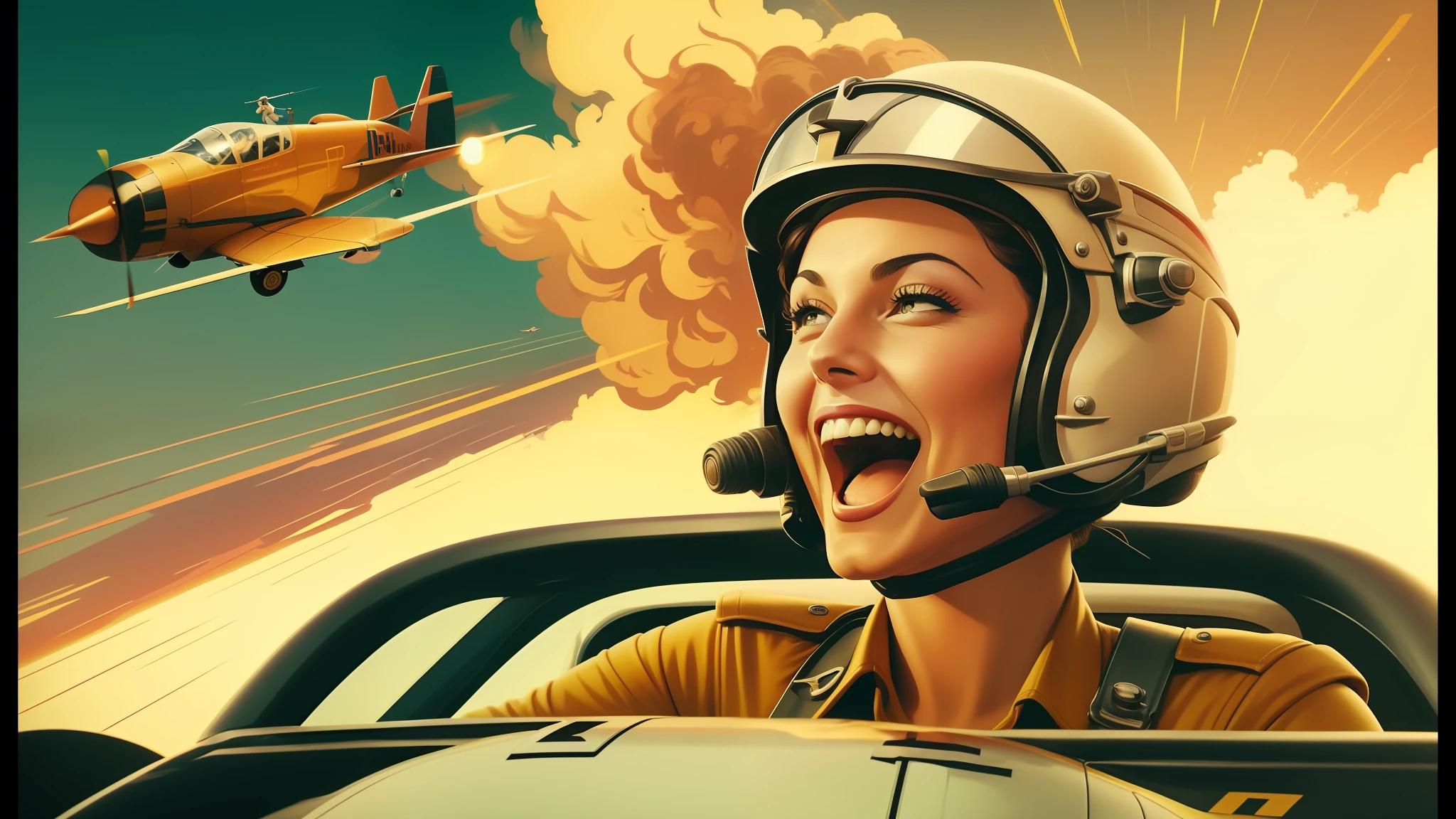 there is a woman in a helmet and a pilot in a plane, abduzeedo, laughing maniacally, fury art, aftereffects, pin - up girl, inspired by James Montgomery Flagg, rendered in high octane, youtube thumbnail, featured on artstattion, by Johannes Helgeson, libertas, ecstatic, 82 mm sigma art