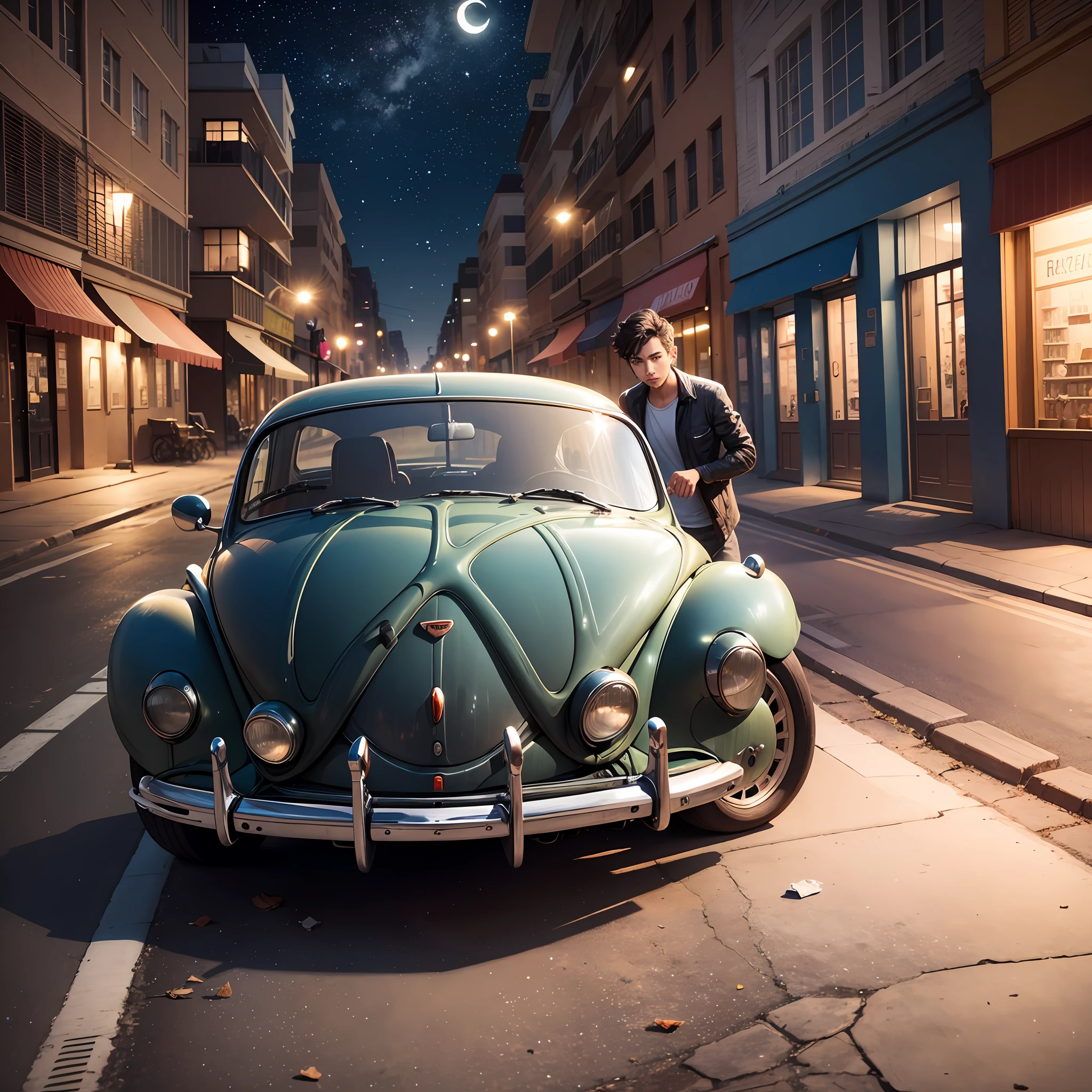 Image of a young man next to a beetle, on a deserted street on a full moon night, a starry sky, a trash can lying on the ground. --auto --s2