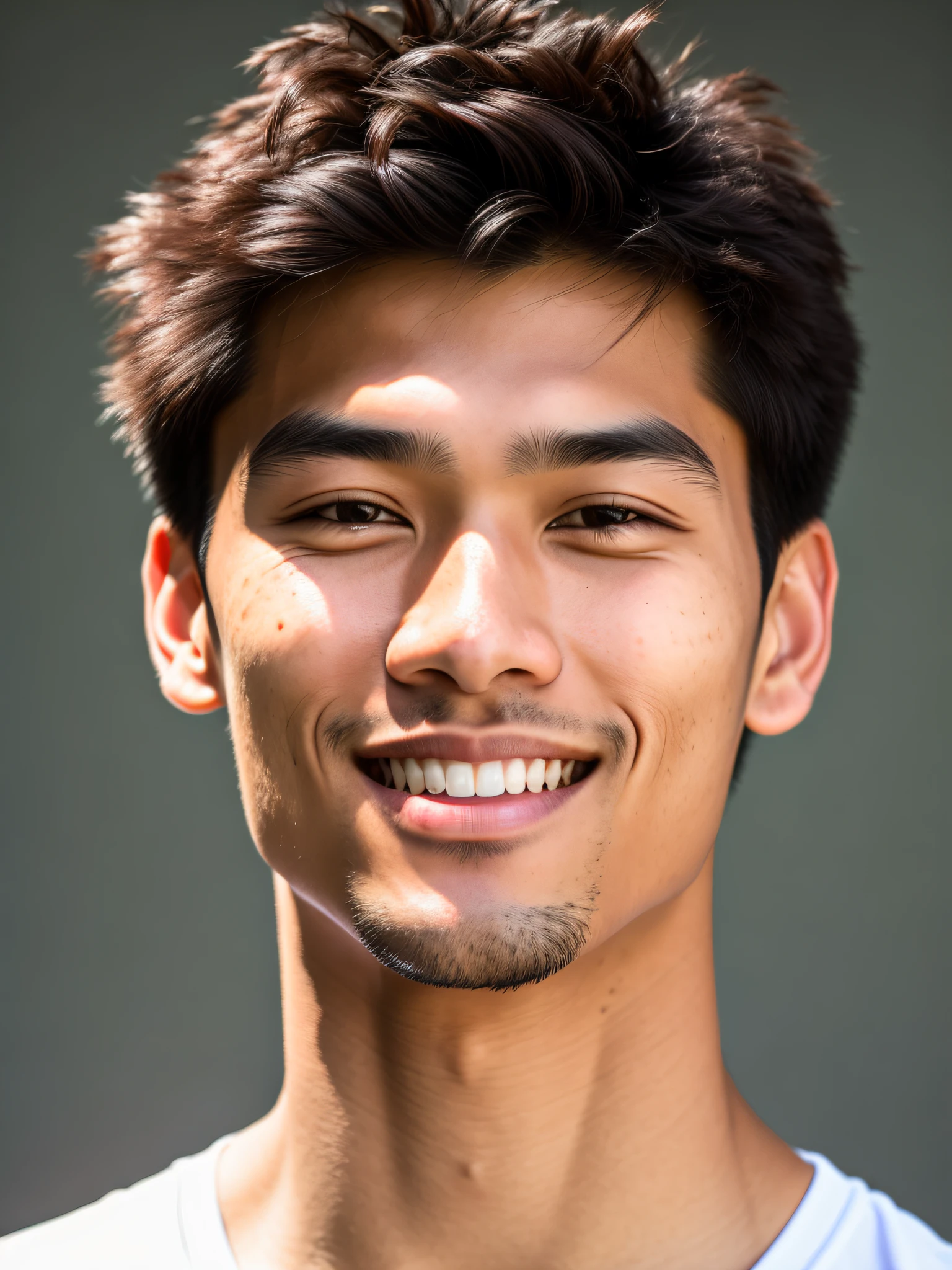 Close portrait, cute, male model, man of Asian origin, fair skin, medium hair straight black, heterochromatic eyes, (skin texture), skin pores, shallow depth of field, sharp eye focus, backlit, tapered nose, with smile