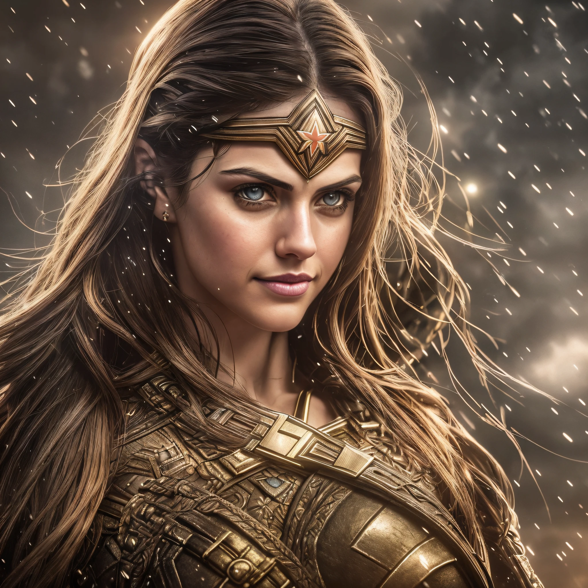 2023-06-23 14:52:32
a portrait photo, Alexandra Daddario, wonder woman, natural skin texture, 24mm, 4k textures, dirty skin, soft cinematic light, adobe lightroom, photolab, smiling, detailed rain, detailed braided pigtails, masterpiece, (beautiful detailed light brown eyes:1.1), best quality, illustration, (detailed lighting:1.2), (beautiful detailed glow:1.3), leather clothing, deep cleavage, intricate, digital painting, smooth, sharp focus, end of the world, epic realistic, (hdr:1.4), (muted colors:1.4), neutral colors, night, screen space refractions, (intricate details, hyperdetailed:1.3), cinematic shot, vignette, sea ship deck background, native battle background, dim colors --auto --s2