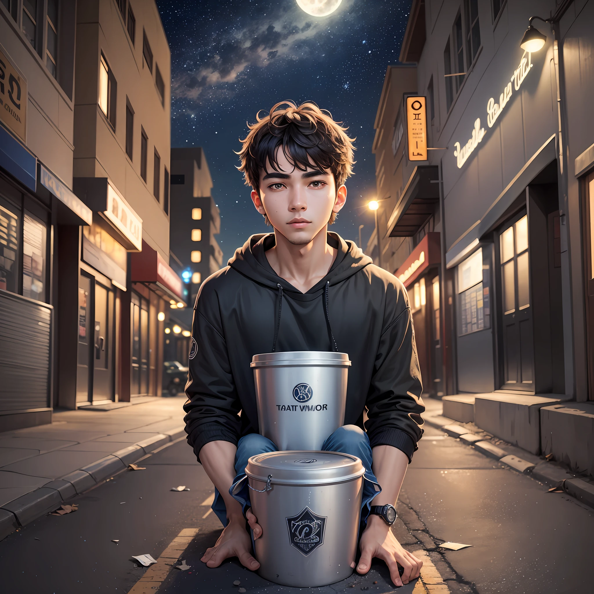 Image of a young man next to a beetle, on a deserted street on a full moon night, a starry sky, a trash can lying on the ground. --auto --s2