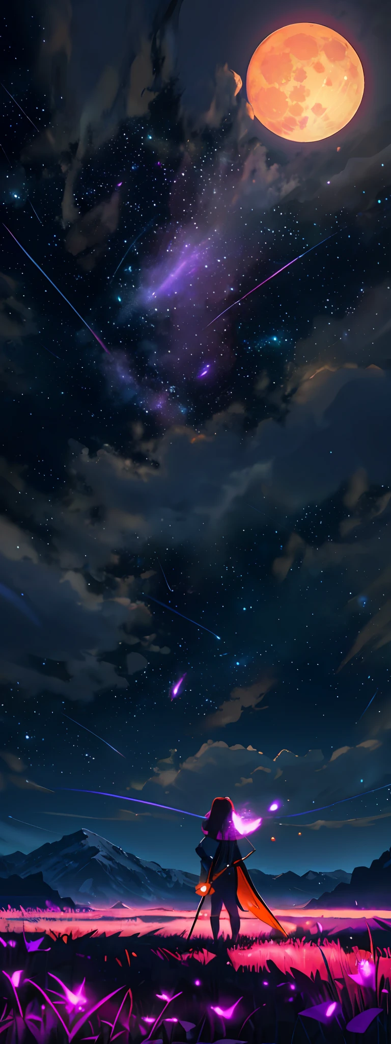 expansive landscape photograph , (a view from below that shows sky above and open field below), a girl standing on flower field looking up, (full moon:1.2), ( shooting stars:0.9), (nebula:1.3), distant mountain, tree BREAK
production art, (warm light source:1.2), (Firefly:1.2), lamp, lot of purple and orange, intricate details, volumetric lighting, realism BREAK
(masterpiece:1.2), (best quality), 4k, ultra-detailed, (dynamic composition:1.4), highly detailed, colorful details,( iridescent colors:1.2), (glowing lighting, atmospheric lighting), dreamy, magical, (solo:1.2)