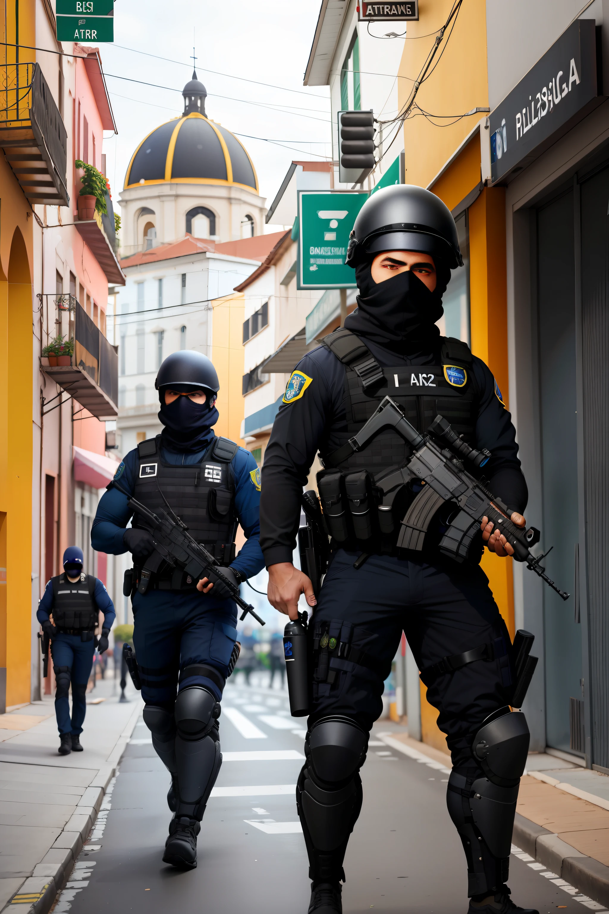 2 Police officers in black, black balaclava, patrolling the streets of Brazil, demonstrating their strength and courage to ensure peace and justice, grim.