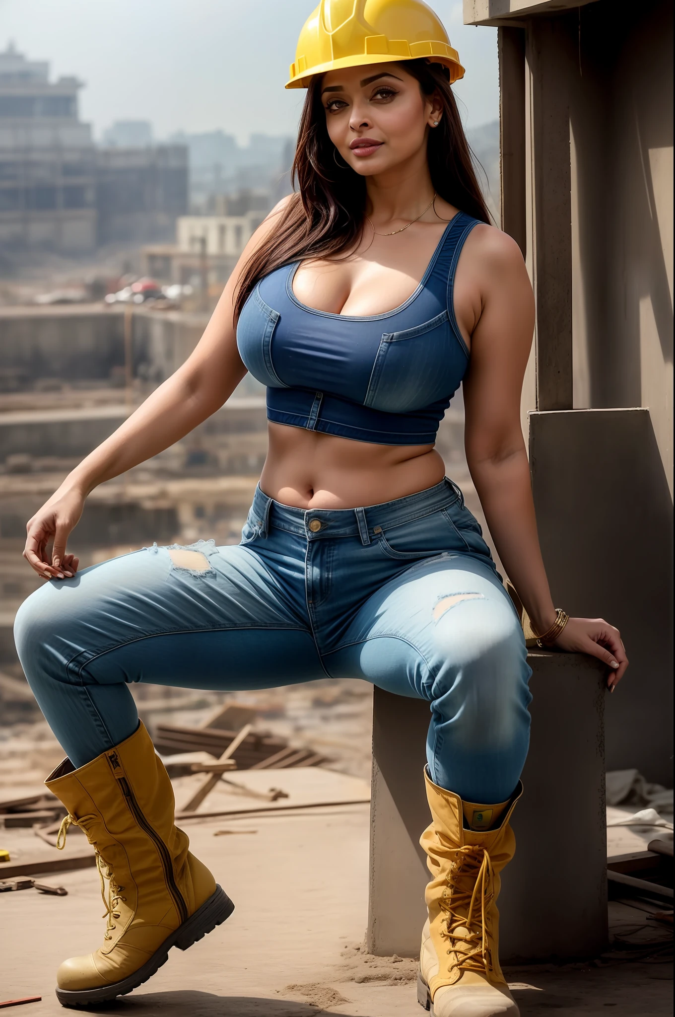 Aishwarya rai as construction lady, denim shorts, high boots, tank top, posing in construction site, day scene, yellow helmet, navel out, breasts visible show, 90% breasts popping out, hourglass figure, massive breasts, nipple slip, fit, seductive face, look at camera and laugh, wet ponytail hair, erotic adult face, 40 yo, soft volumetric lights, intricate details, (ArtStation:1.2)