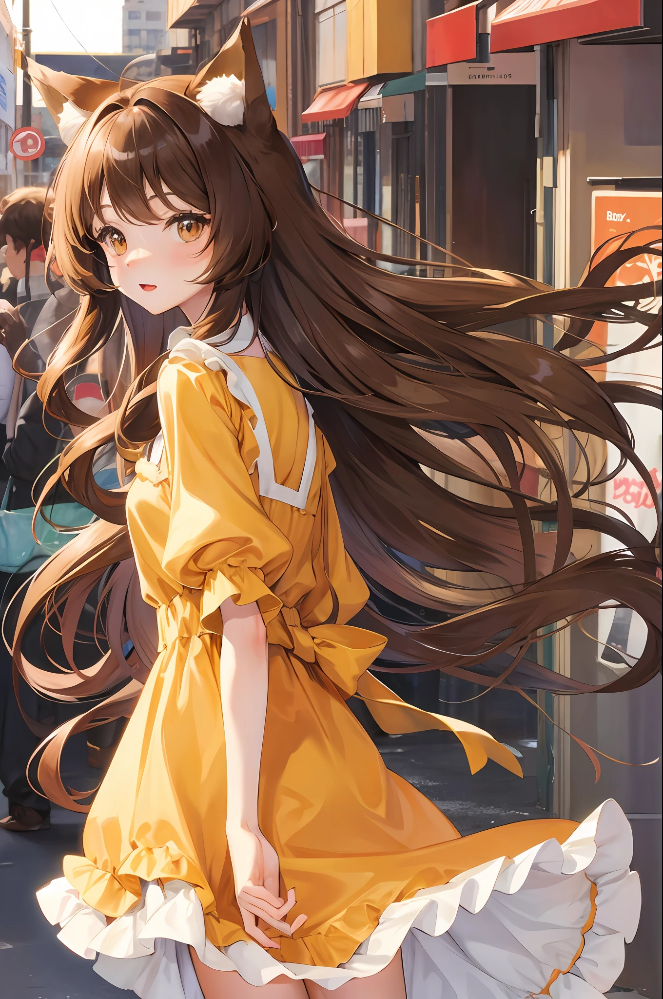 Cute , fluffy fox ears , brunette , Silky hair , brown eyes , cute dress , city