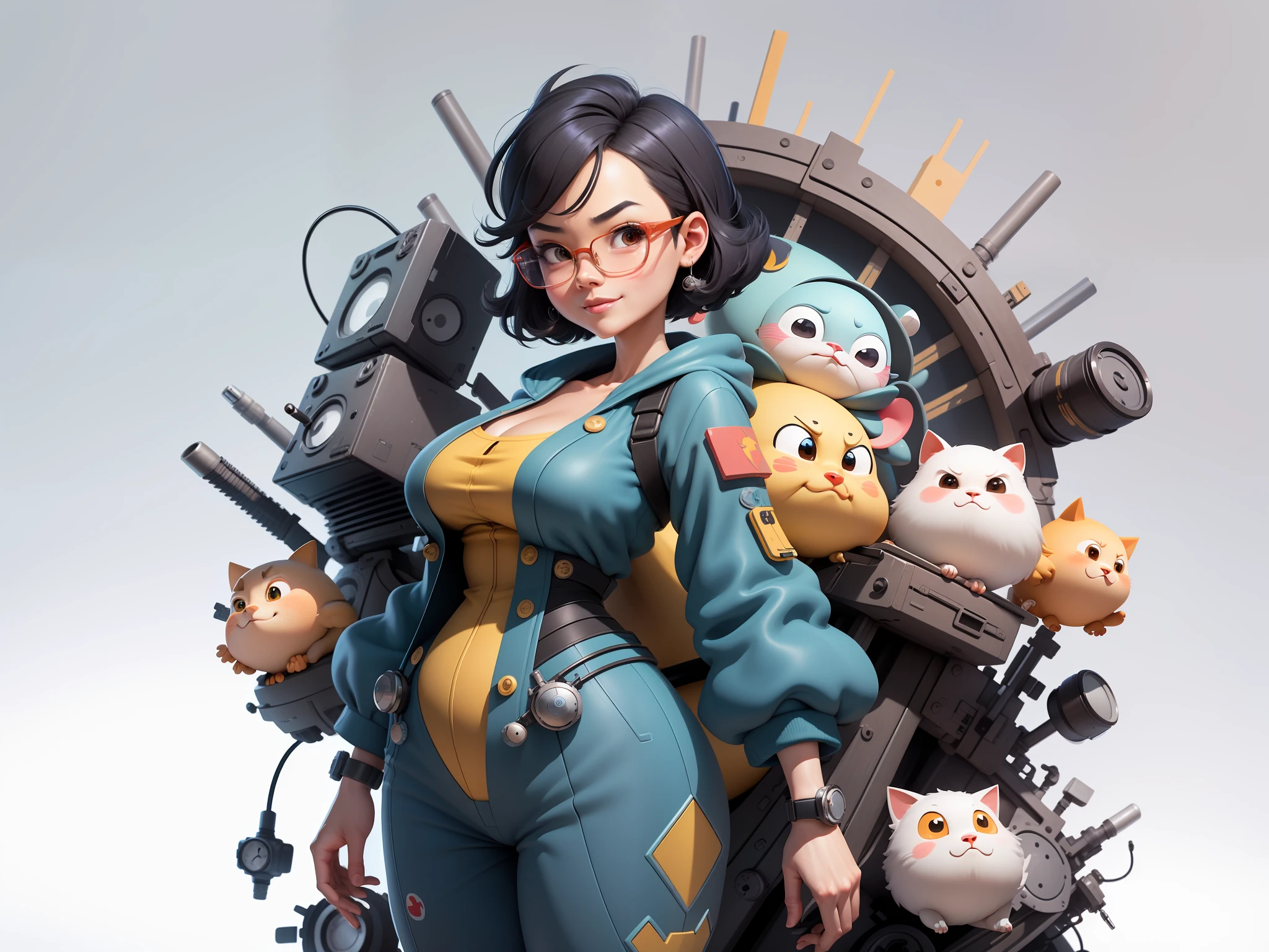 (Masterpiece), (Excellent), (Super Meticulous), (Full Body: 1.2), Super Young Woman, Beautiful, Sexy, Bursting, Oriental Face, TV Anchor, Bust Portrait Illustration, Alone, Black Suit, Blue Tie, Silver Glasses, Slightly Chubby Face, Very Clean Face, No Beard, Black Super Short Hair, Black Eyes, Confident Smile, 3c Computer Sub-Products, iPad, iPhone, Digital Painting, 3D Character Design by Mark Claireldon and Pixar and Hayao Miyazaki, The illustration is a high-definition illustration in 4K resolution with very detailed facial features and cartoon-style visuals.