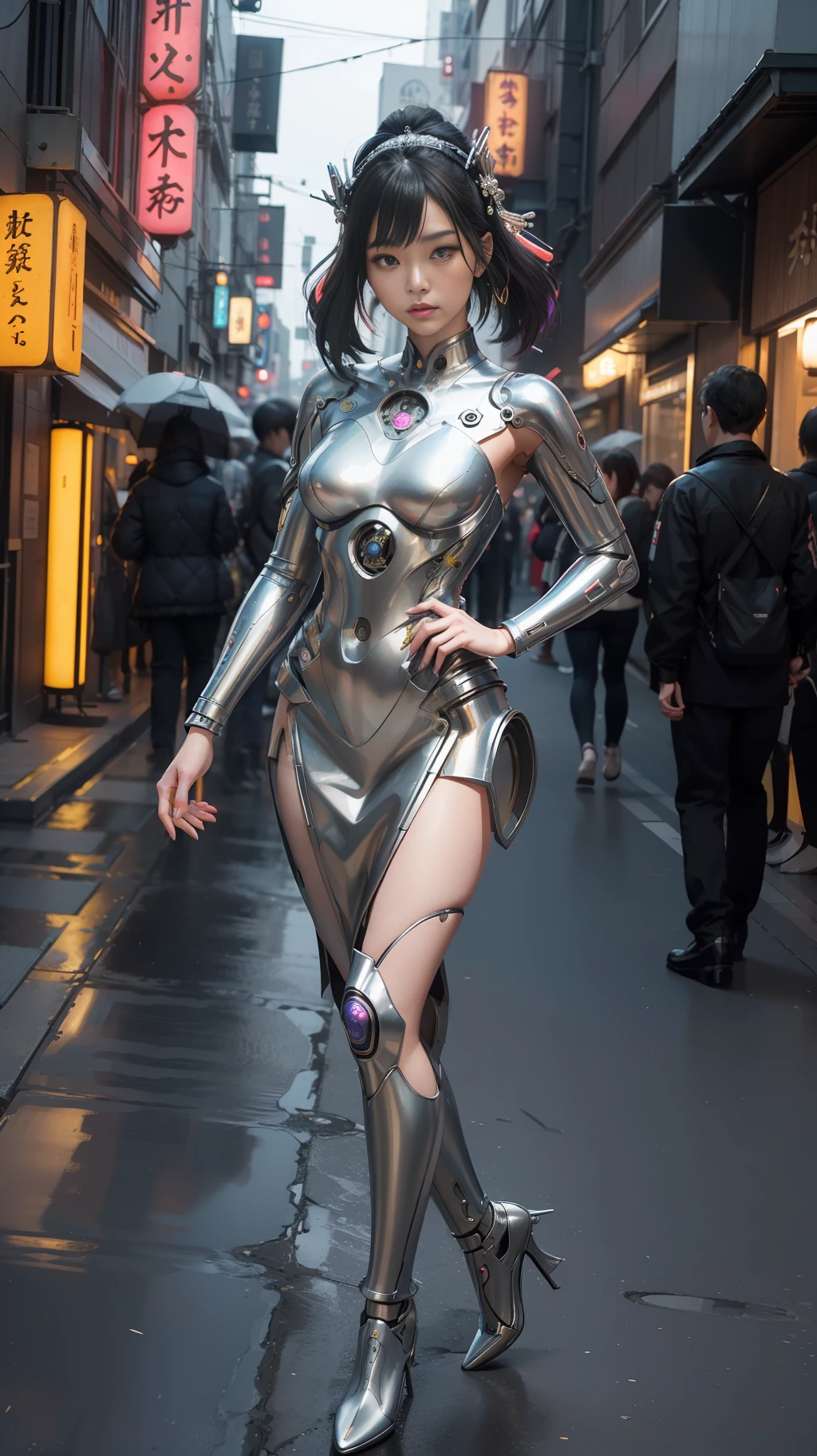 A hyperrealistic photograph of Japanese female android in crowded street, geisha makeup and hairstyle, silver metal internal mechanisms, (((dynamic pose))), walking pose, flowing organic construction, detailed designs, glowing colorful circuitry, colorful neon trim, cinematic lighting, rim lighting, f/2.8, art by H.R. Giger, Greg Rutowski