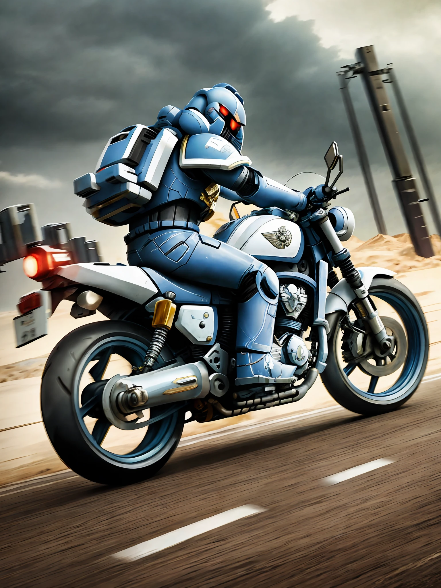 A space marine riding a motorcycle on a deserted road, his white motorcycle, super realistic, cinematc, 16k. It's just a Space marine