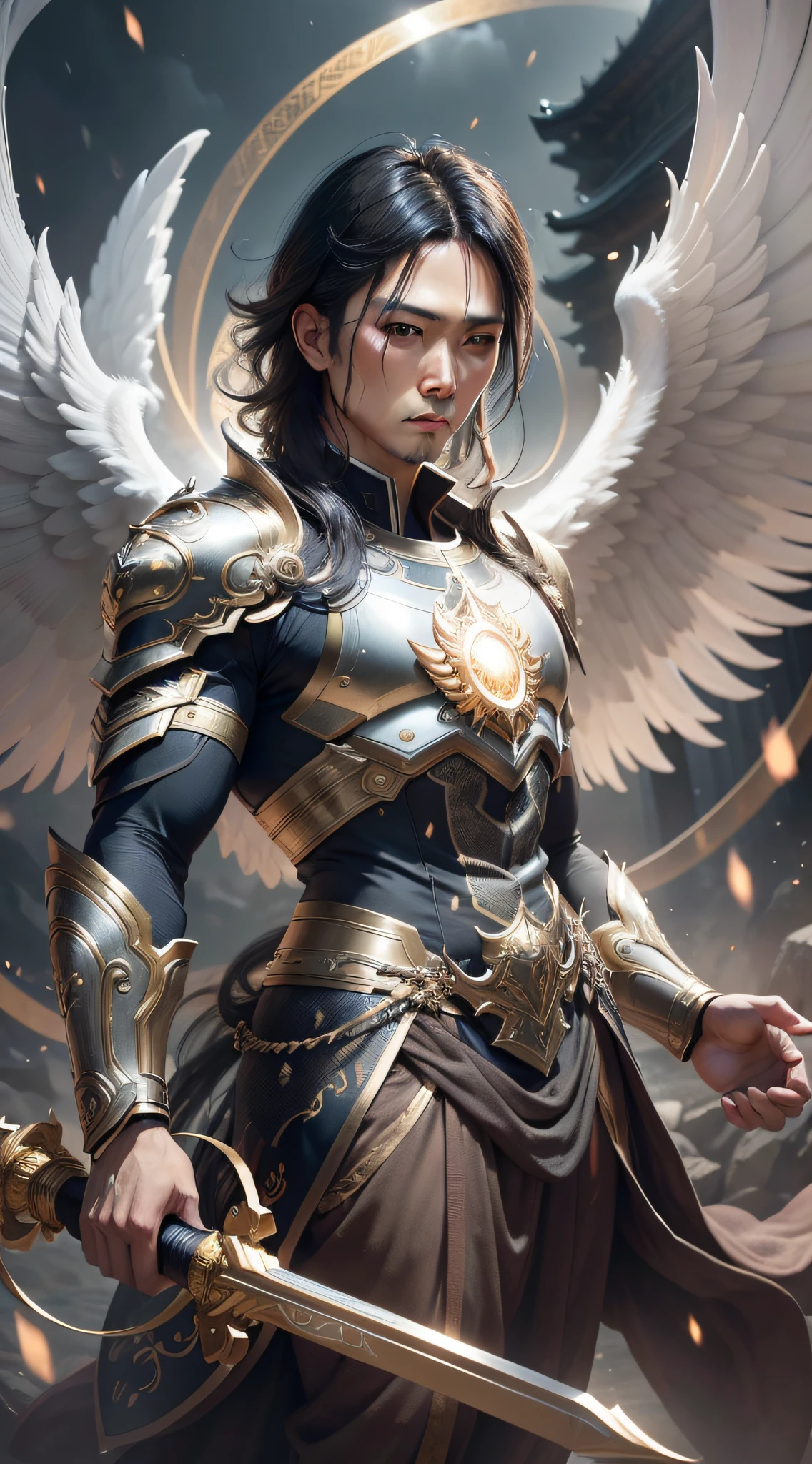 A guardian angel man, Asian, dark hair. Stunning image, ultra detailed, epic, cinematic. The photorealistic image captures the strong and compassionate nature of the angel, the light has soft and ethereal aspect, creating a paradisiacal atmosphere. The epic 8K resolution enhances the realism of the artwork and allows for an immersive viewing experience.