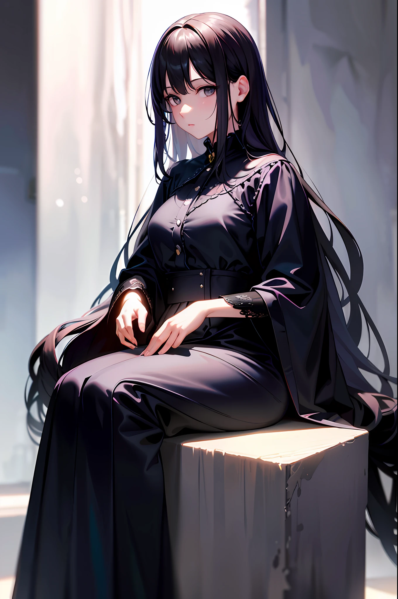 (8k, RAW photo, best quality, masterpiece: 1.2), (realistic, photorealistic: 1.37), ((best quality)), ultra high resolution, extremely detailed 8k CG wallpaper, physics-based rendering, cinematic lighting, full body, (bokeh: 1.4), (((1girl))), (oval face), closed face, girl sitting on a throne, holding a crow in hands, dark aura, black-haired girl, black eyes, silver light, violet background lights.