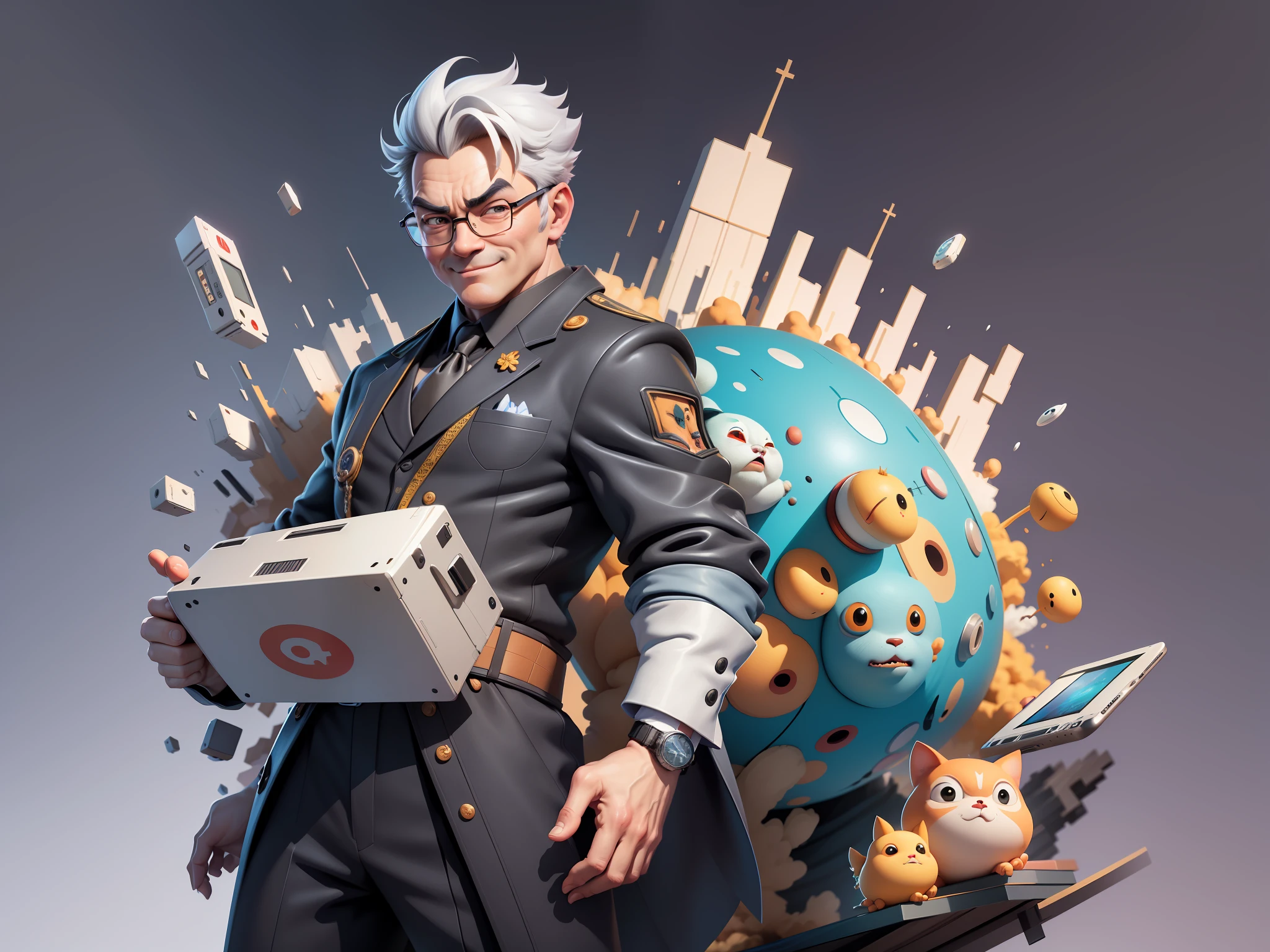 (Masterpiece), (Excellent), (Super Meticulous), (Full Body: 1.2), Super Young Man, Oriental Face, TV Anchor, Bust Portrait Illustration, Alone, Black Suit, Blue Tie, Silver Glasses, Slightly Chubby Face, Very Clean Face, No Beard, Black Super Short Hair, Black Eyes, Confident Smile, 3c Computer Sub-Products, iPad, iPhone, Digital Painting, 3D Character Design by Mark Clairen and Pixar and Hayao Miyazaki, the illustration is HD illustration in 4K resolution, With very detailed facial features and cartoon-style visuals.