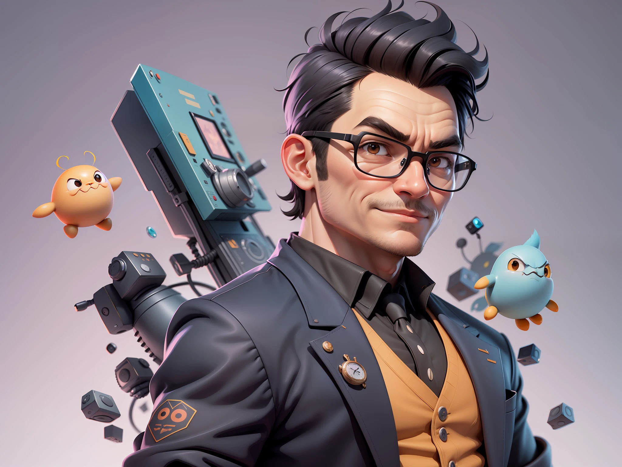 (Masterpiece), (Excellent), (Super Meticulous), (Full Body: 1.2), Super Young Man, Oriental Face, TV Anchor, Bust Portrait Illustration, Alone, Black Suit, Blue Tie, Silver Glasses, Slightly Chubby Face, Very Clean Face, No Beard, Black Super Short Hair, Black Eyes, Confident Smile, 3c Computer Sub-Products, iPad, iPhone, Digital Painting, 3D Character Design by Mark Clairen and Pixar and Hayao Miyazaki, the illustration is HD illustration in 4K resolution, With very detailed facial features and cartoon-style visuals.