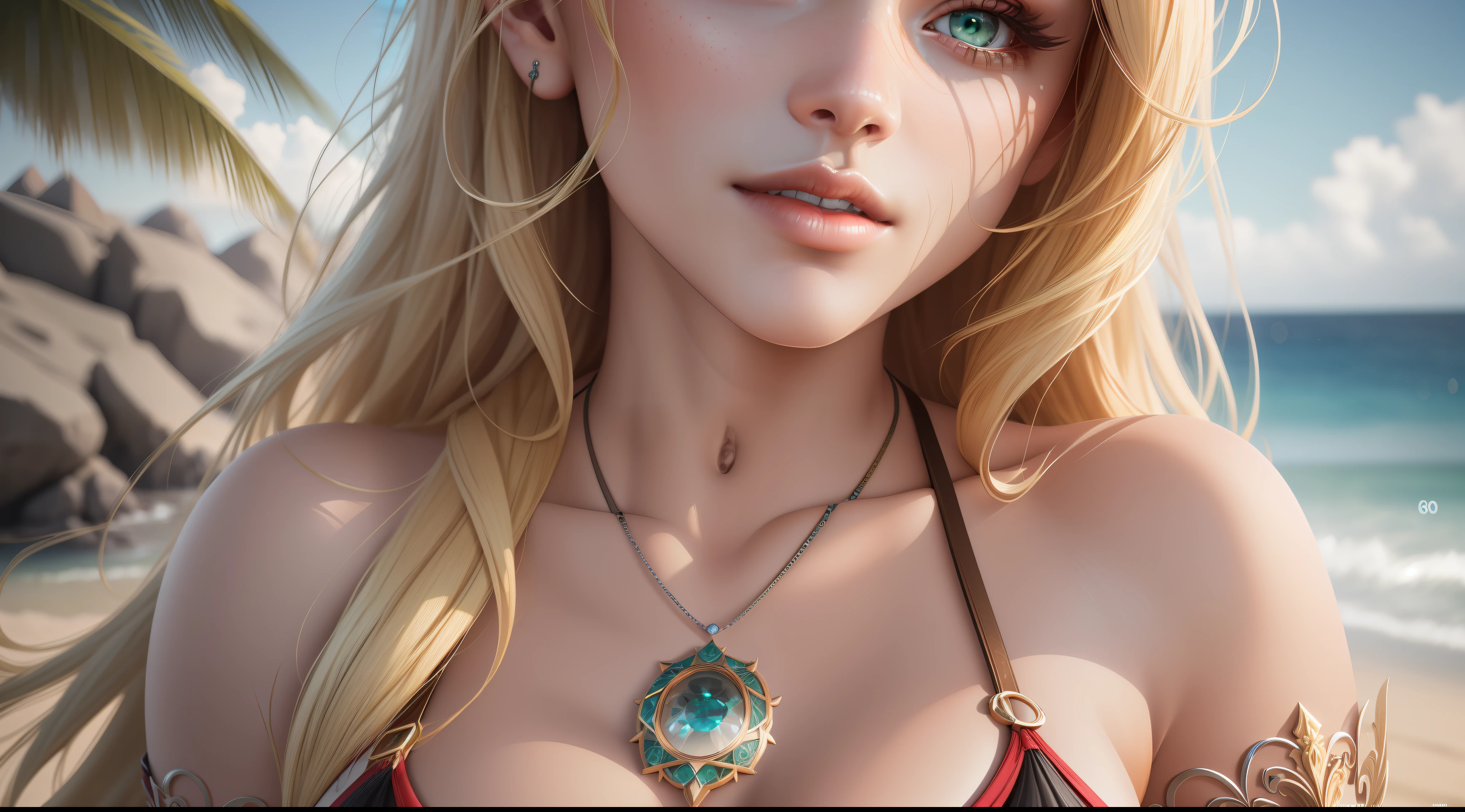 Gor Robbie gorgeous, long blonde hair, wearing red bikini on a beach, perfect detailed face, detailed green eyes with circular iris, realistic, stunning realistic photography, intricately detailed, ultra high definition, 8K, Unreal Engine 5, ultra sharp focus, highly detailed, vibrant, rendered in 8K resolution for high quality details, 8K image quality, 8K high resolution image,    hyper detailed, super realistic, intricate details