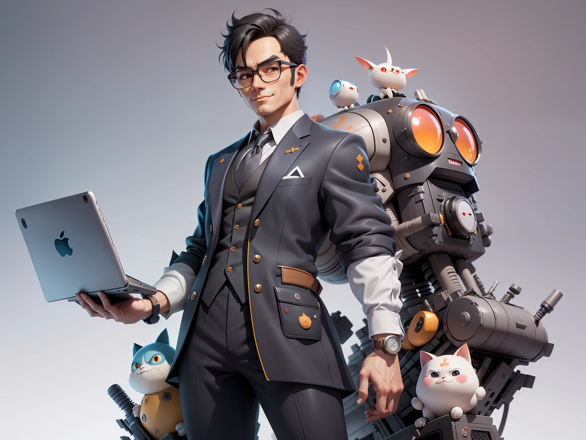 (Masterpiece), (Excellent), (Super Meticulous), (Full Body: 1.2), Super Young Man, Oriental Face, TV Anchor, Bust Portrait Illustration, Alone, Black Suit, Blue Tie, Silver Glasses, Slightly Chubby Face, Very Clean Face, No Beard, Black Super Short Hair, Black Eyes, Confident Smile, 3c Computer Sub-Products, iPad, iPhone, Digital Painting, 3D Character Design by Mark Clairen and Pixar and Hayao Miyazaki, the illustration is HD illustration in 4K resolution, With very detailed facial features and cartoon-style visuals.