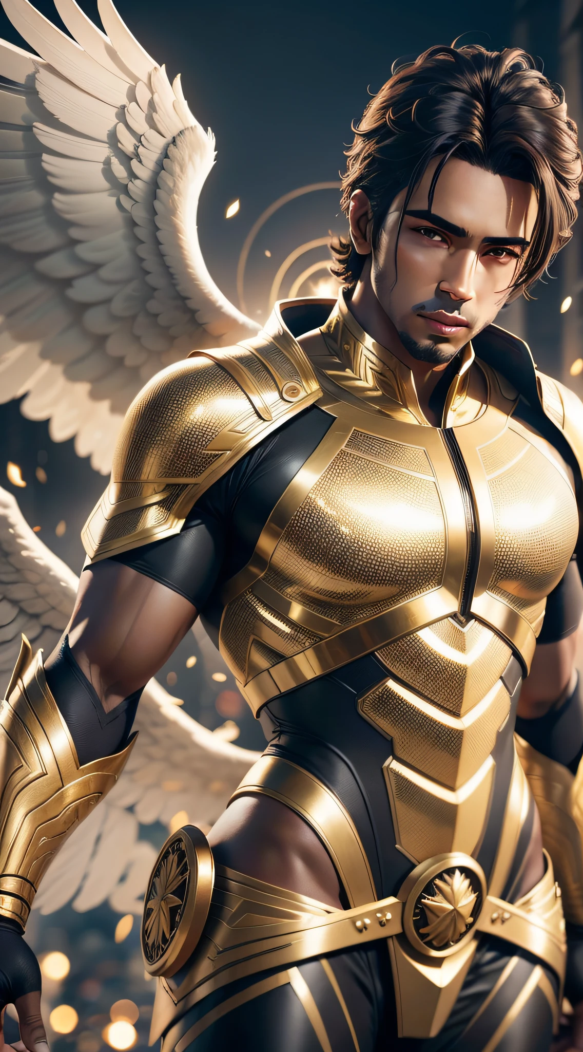 Create a male guardian angel, dark hair, brown skin, super detail-oriented, realistic, cinematic style, 8k resolution, best quality, epic, golden hour