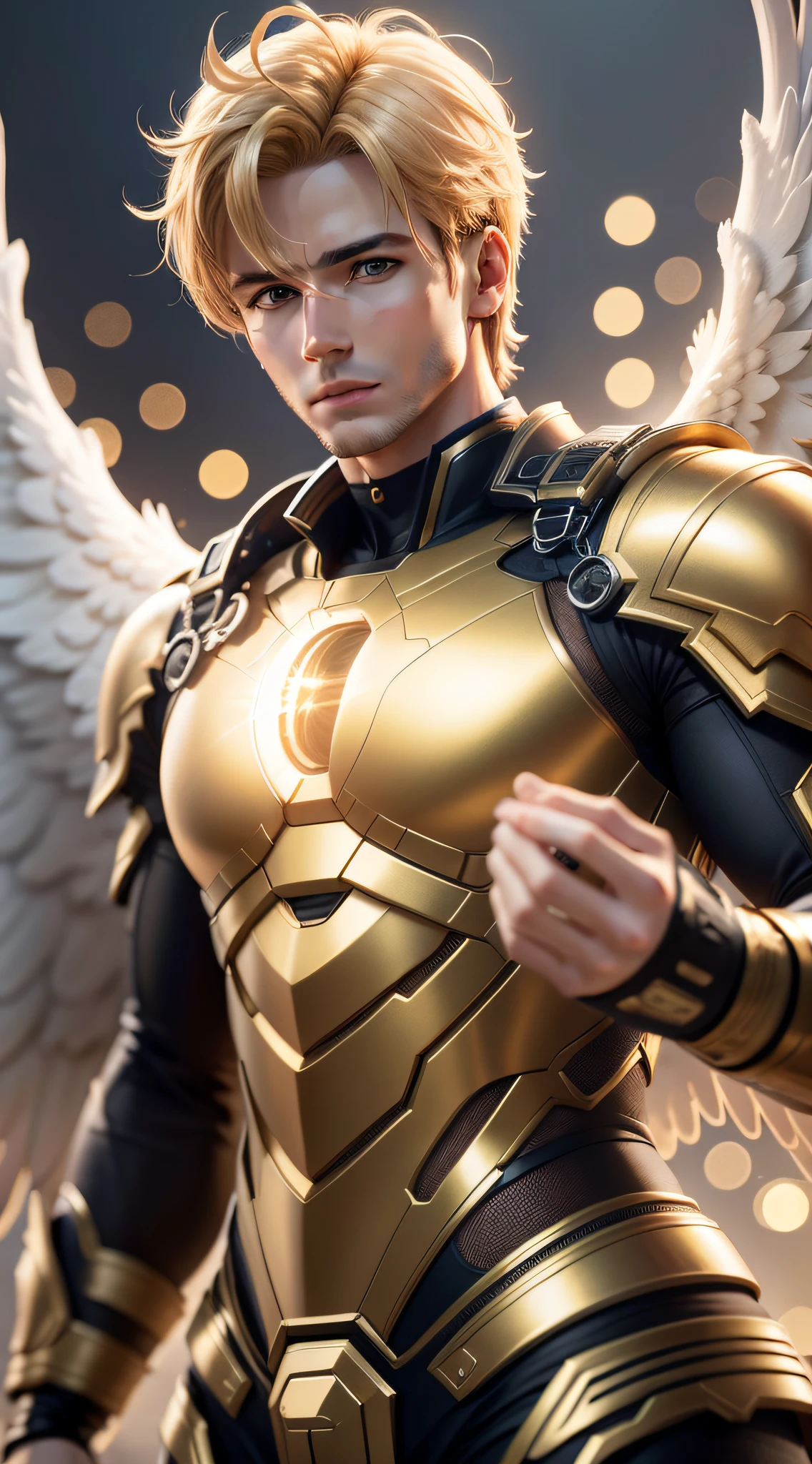 Create a male guardian angel, not blonde, super detail-oriented, realistic, cinematic style, 8k resolution, best quality, epic, golden hour