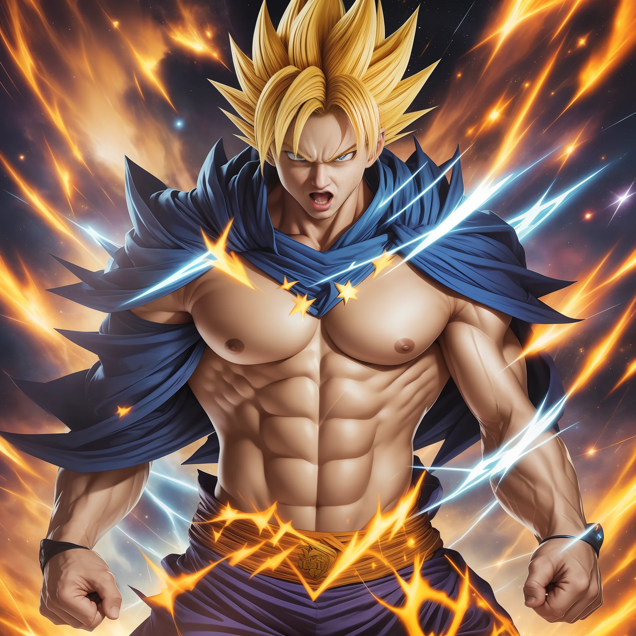 (high quality:1)(painting:1) Goku Super Saiyan 2, intense glare, spiky yellow hair, blue eyes, muscles bulging, floating in the air,(bright light:1.2) aura emitting from his body,(dynamic angle:1.3) depicting his power and strength, (portrait:0.8) with a (grimace:1.2) expression, standing before an epic background,(cosmic:1.3) space, filled with (stars:1.2) and (gases:1.1), (fierce battles:1.3) can be seen in the distant background, giving an impression of an intense confrontation.