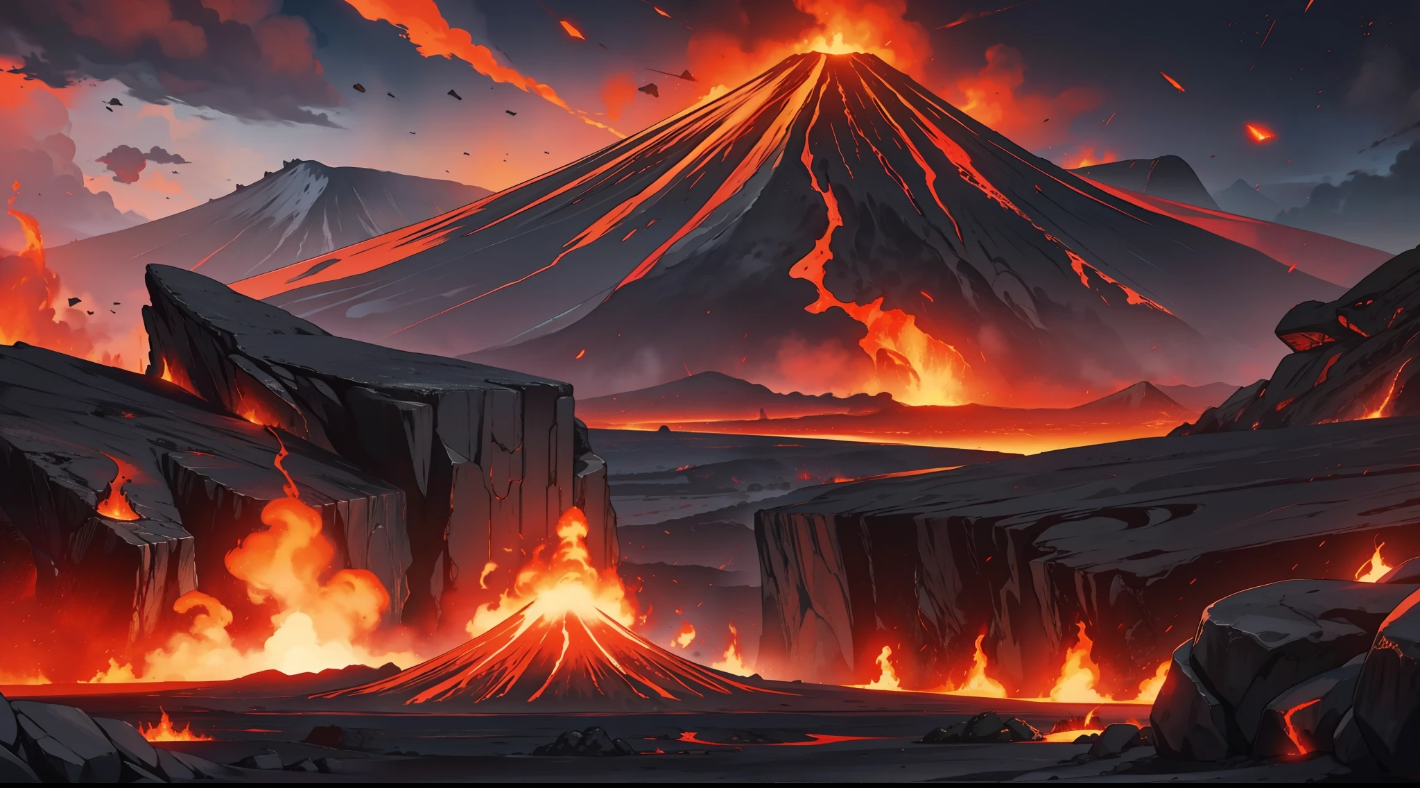 A plain full of lava and black rocks in the vicinity of a gigantic volcano Red sky and black clouds RPG horror environment
