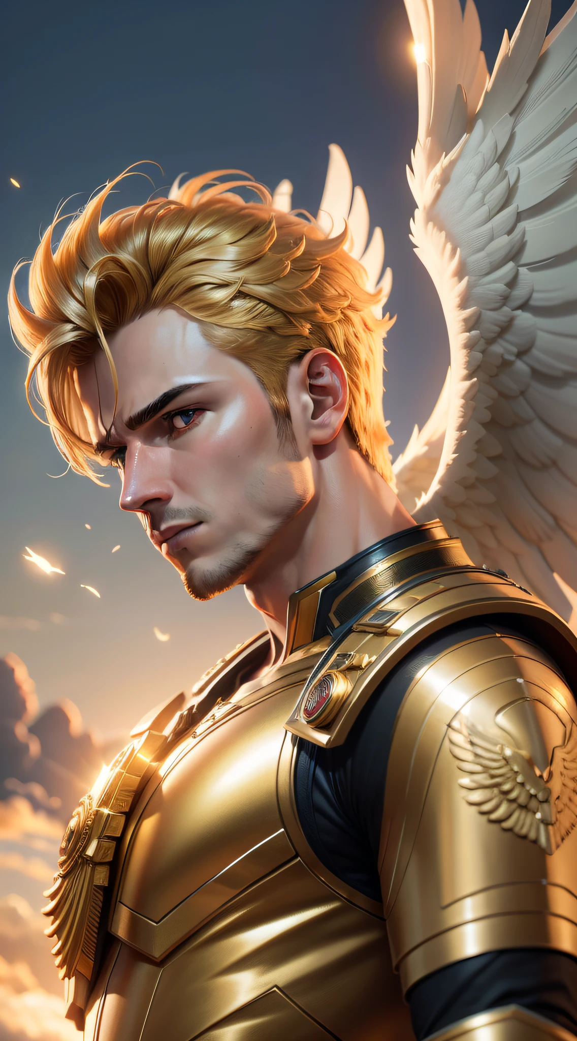 Create a male guardian angel, super detail-oriented, realistic, cinematic style, 8k resolution, best quality, epic, golden hour