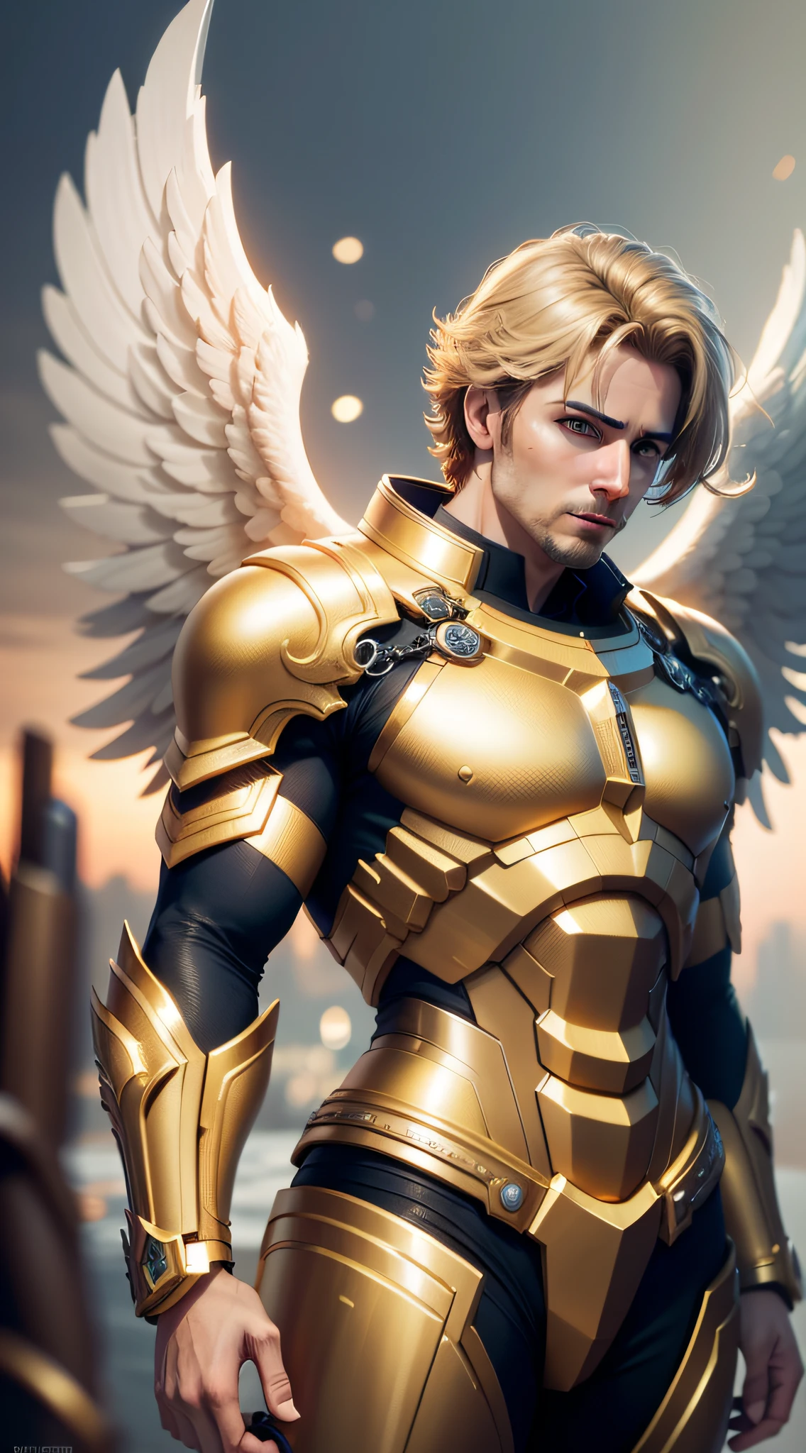 Create a male guardian angel, super detail-oriented, realistic, cinematic style, 8k resolution, best quality, epic, golden hour
