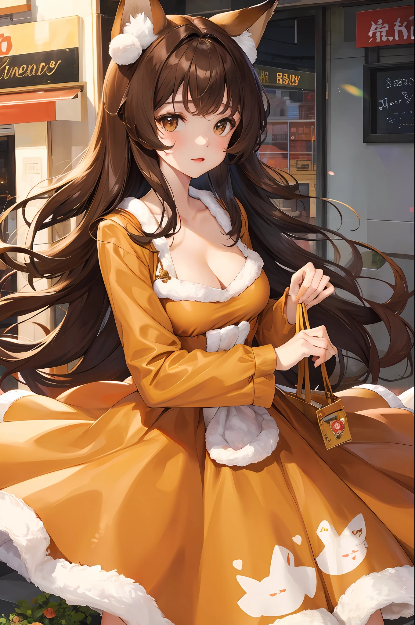 Cute , fluffy fox ears , brunette , Silky hair , brown eyes , cute dress, beautiful breast , city