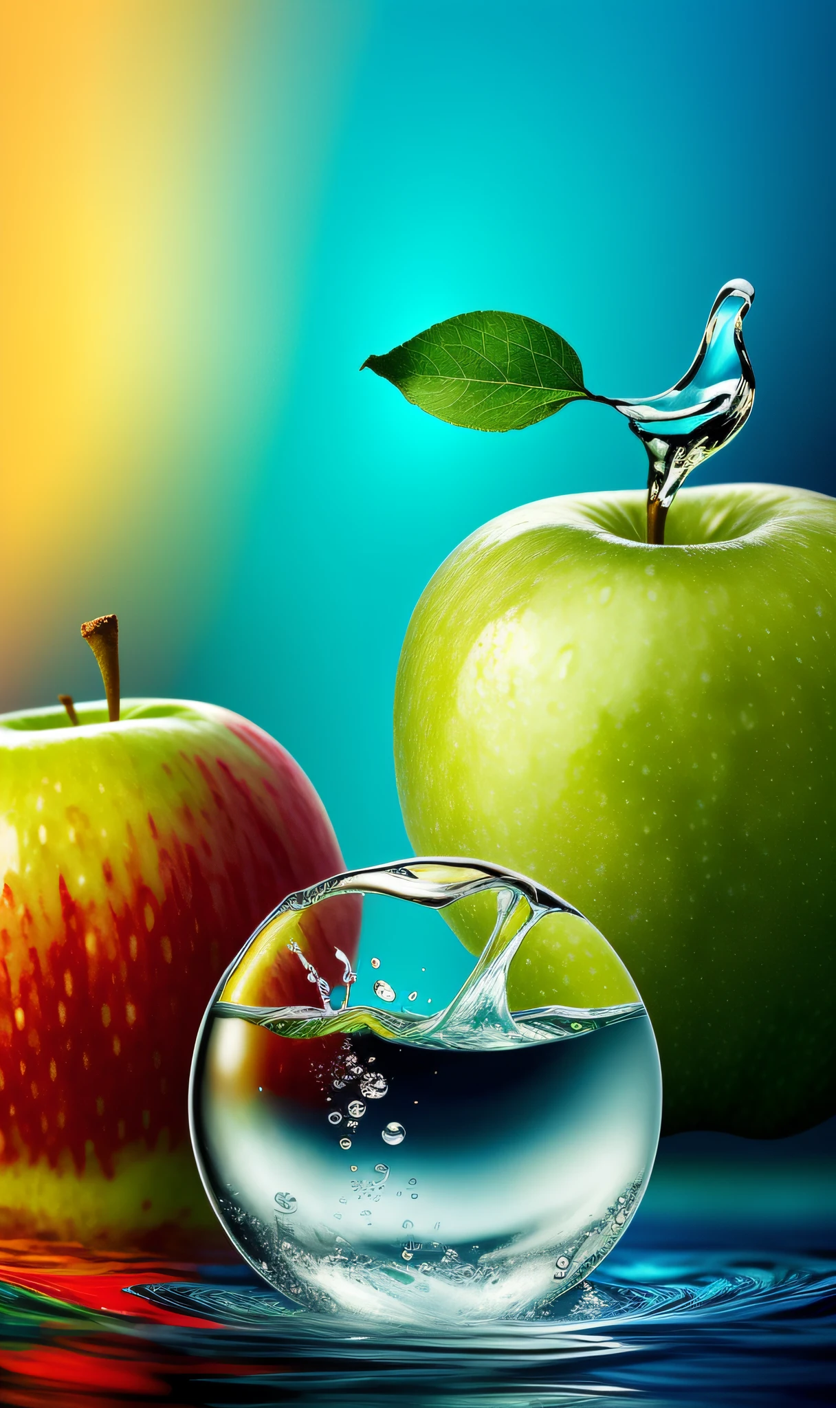 a close up of an apple with water in it, ship in a bottle, surreal water art, creative photo manipulation, realistic refraction, exquisite imaginative poster art, by Vasile Hutopila, fairy tale illustrations, photoshop water art, naturecore, children's book art, nilian animation studio, inside water, photo - manipulation, golden apple