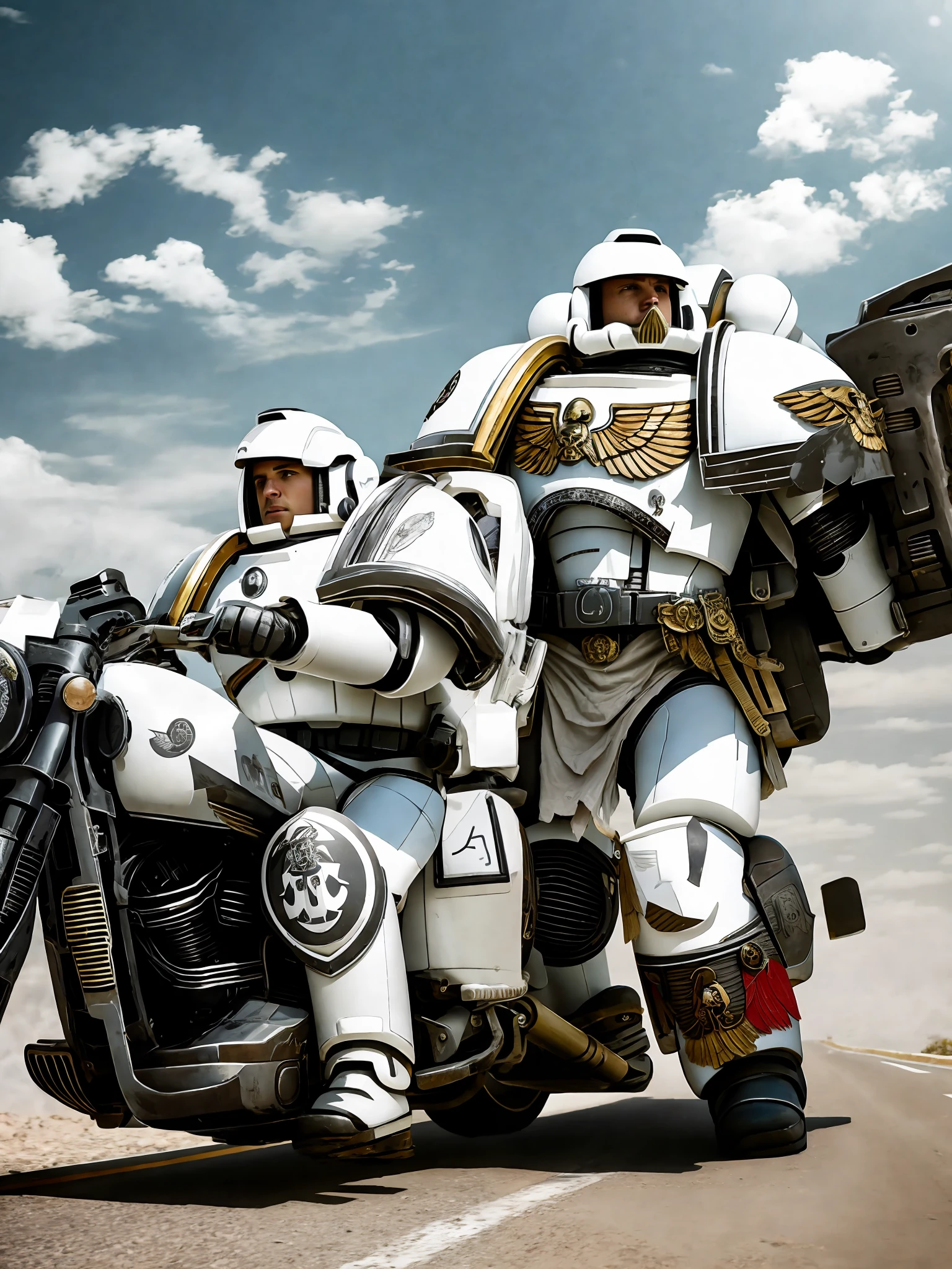 A space marine riding a motorcycle on a deserted road, his white motorcycle, super realistic, cinematc, 16k. It's just a Space marine