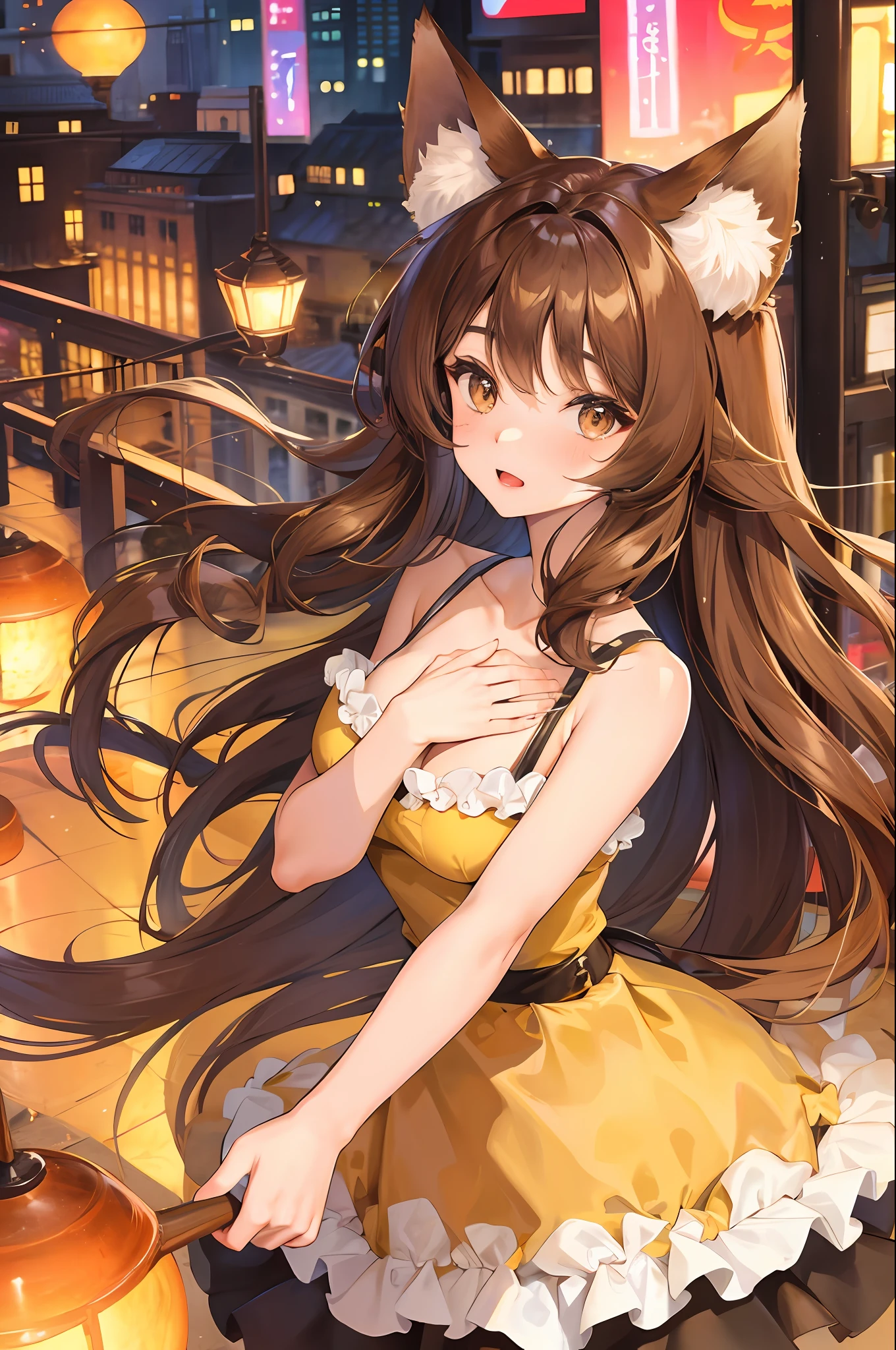 Cute , fluffy fox ears , brunette , Silky hair , brown eyes , cute dress, beautiful breast , city