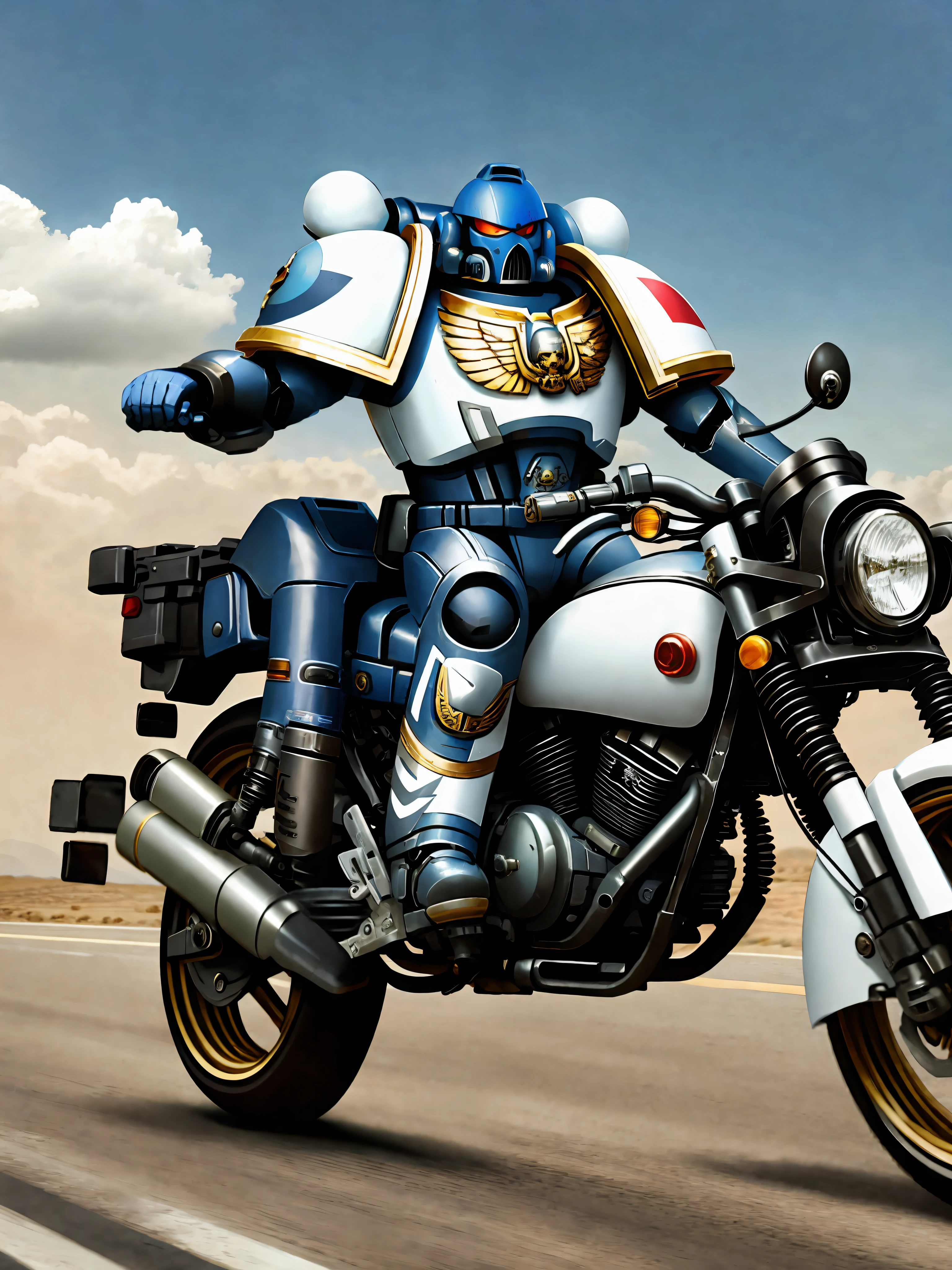 A space marine riding a motorcycle on a deserted road, his white motorcycle, super realistic, cinematc, 16k. It's just a Space marine