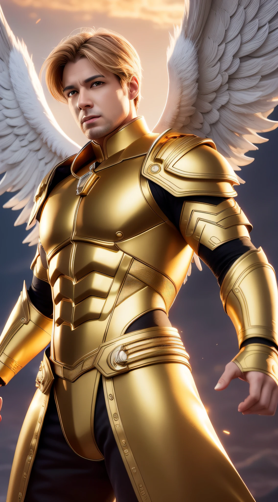 Create a male guardian angel, super detail-oriented, realistic, cinematic style, 8k resolution, best quality, epic, golden hour