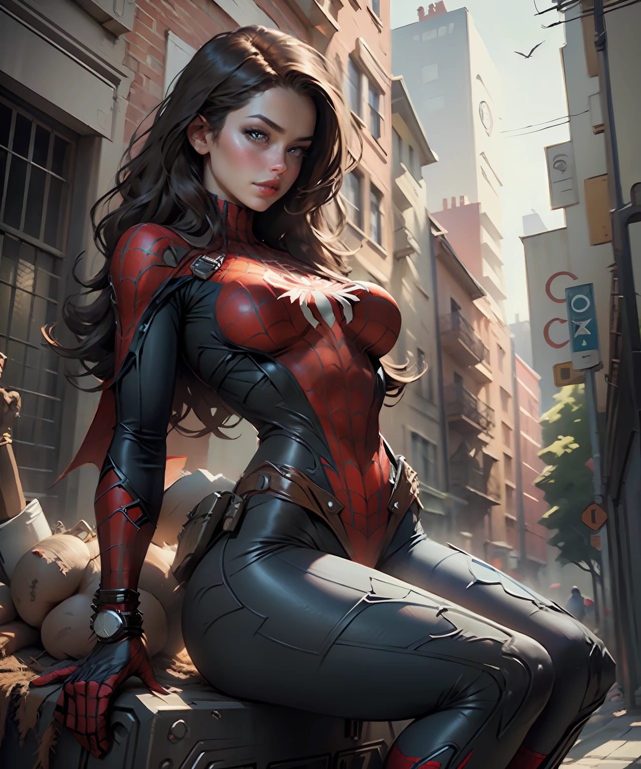 Beautiful woman detailed the outlined body with Spider-Man cosplay, very large breasts