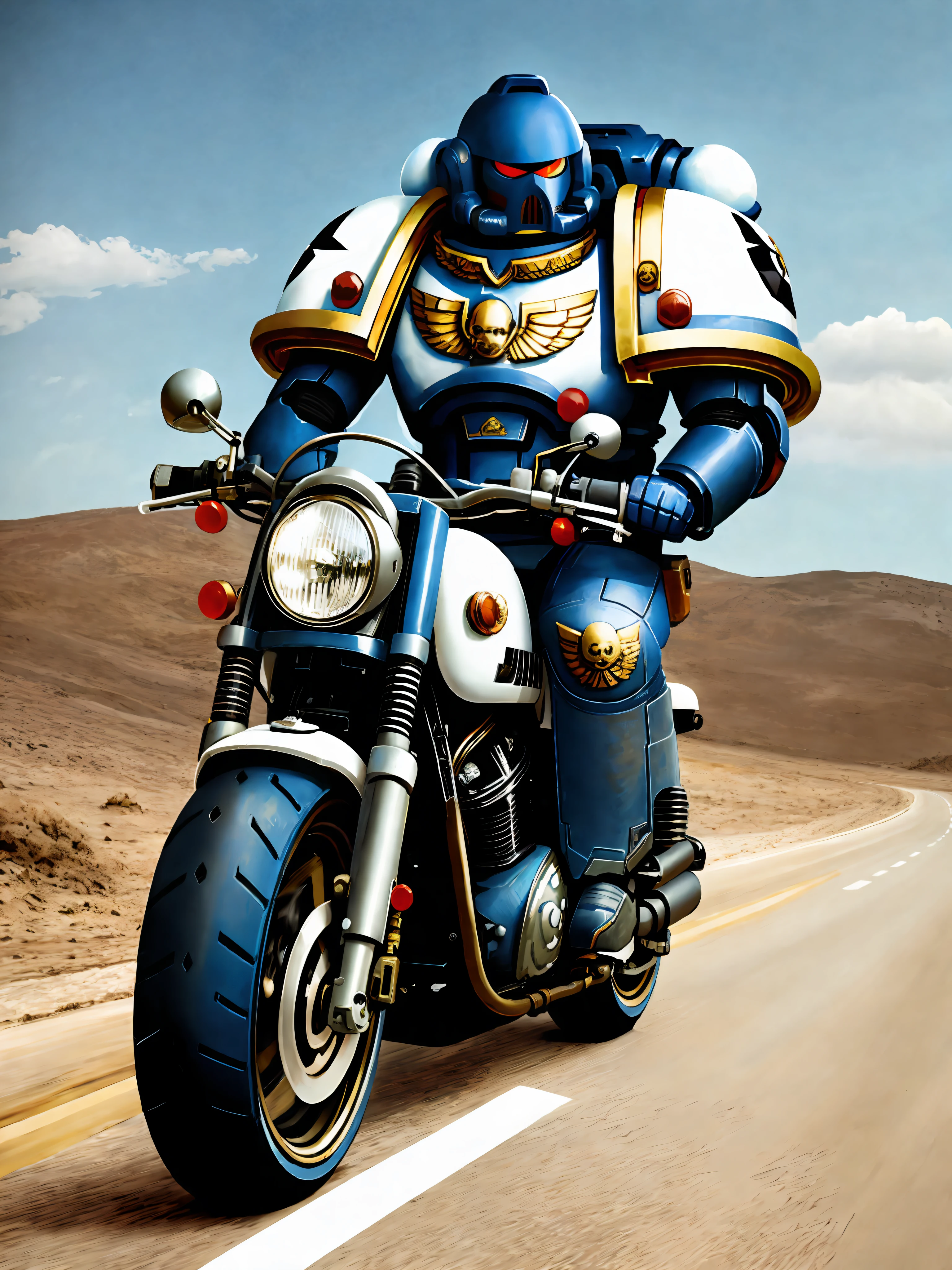 A space marine riding a motorcycle on a deserted road, his white motorcycle, super realistic, cinematc, 16k. It's just a Space marine