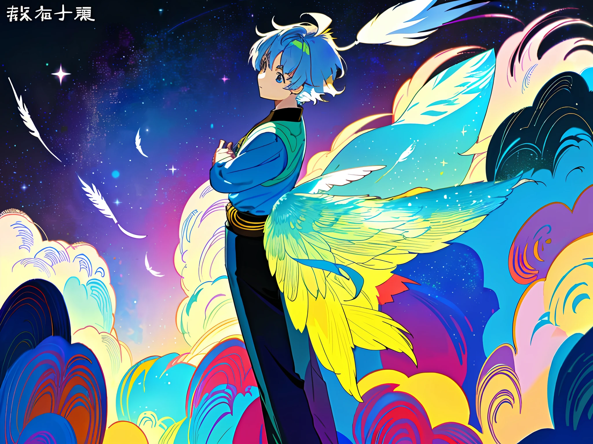 ((Masterpiece)), ((Best Quality))), (Character Design Sheet, Same Character, Front, Side, Back), Illustration, 1 Boy, Hair Color, Bangs, Hairstyle Fax, Eyes, Environment Change Scene, Hairstyle Fax, Zitai Pose, Feather, Shangyi Shirt, Star, Charturnbetalora, (Single Background, White Background: 1.3) ,-- 6 different poses, Kawai
