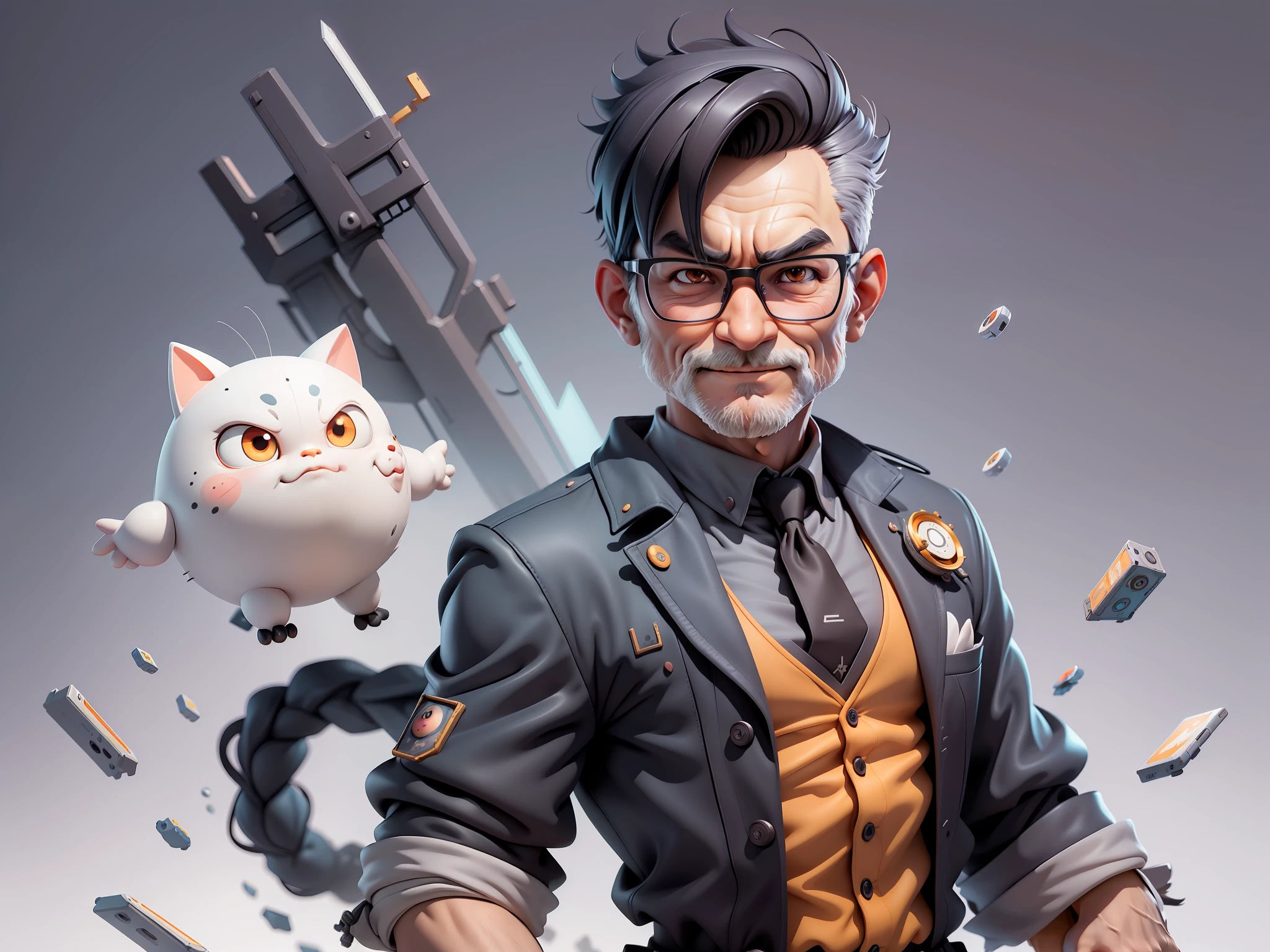 (Masterpiece), (Excellent), (Super Meticulous), (Full Body: 1.2), Super Young Man, Oriental Face, TV Anchor, Bust Portrait Illustration, Alone, Black Suit, Blue Tie, Silver Glasses, Slightly Chubby Face, Very Clean Face, No Beard, Black Super Short Hair, Black Eyes, Confident Smile, 3c Computer Sub-Products, iPad, iPhone, Digital Painting, 3D Character Design by Mark Clairen and Pixar and Hayao Miyazaki, the illustration is HD illustration in 4K resolution, With very detailed facial features and cartoon-style visuals.