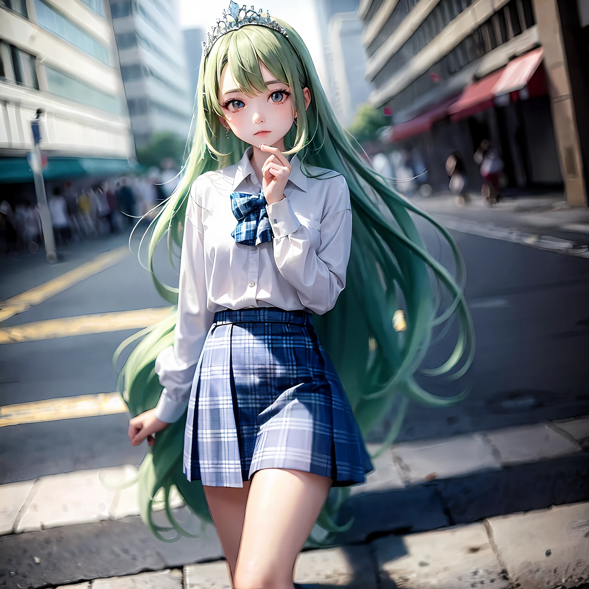 1girl, (masterpiece:1.1), (best quality:1.1), (white blouse:1.1), (plaid skirt:1.1), school uniform, high waist skirt, BREAK [blue:pink:0.5] theme, (Urban Background: 1.1), denim lens, break silver, long hair, green eyes, delicate tiara, sideways,