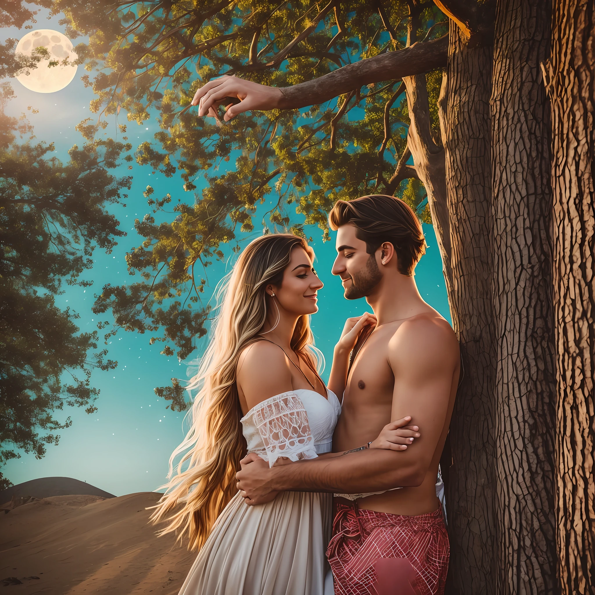 A couple in love in the late afternoon of full moon much love --auto --s2