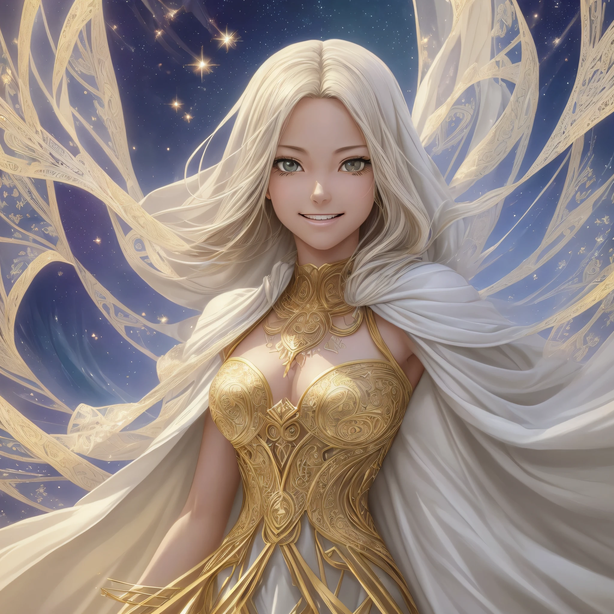 RAW, style, An impressive full-body woman in a tunic dress and with open arms,(masterpiece, superior quality, best quality, official art, beautiful and aesthetic:1.2), (1girl), looking up at the sky(fractal art:1.3). She is in a lush green field with colorful flowers all around her. rays of light enveloping the woman (golden lines of white cloak:1.2). She has a radiant smile on her face, and her eyes convey confidence and determination. Around it, they include elements such as twinkling stars and butterflies in flight. Please pay close attention to details, such as the highlights and shadows on your face and hair, to create a realistic and realistic image. Try different lighting techniques to improve the mood and atmosphere of the portrait. The final product should be a masterpiece that captures the essence and beauty of the woman, ((highly detailed skin, skin details)), sharp focus, volumetric mist, 8k UHD, DSLR, high quality, film grain, Fujifilm XT3 Negative Prompt: (((big hands, non-detailed skin, semi-realistic, cgi, 3d, render, sketch, cartoon, drawing, anime))), (((ugly mouth, ugly eyes, missing teeth, crooked teeth, close up, cropped, out of frame)))), worst quality, low quality, jpeg artifacts, ugly, duplicated, morbid, mutilated, extra fingers, mutated hands, poorly drawn hands, poorly drawn face, mutation, deformed, blurry, dehydrated, bad anatomy, bad proportions, extra limbs, cloned face, disfigured, coarse proportions, malformed limbs, missing arms, missing legs, extra arms, extra legs, extra legs, fused fingers, many fingers, long neck --auto --s2