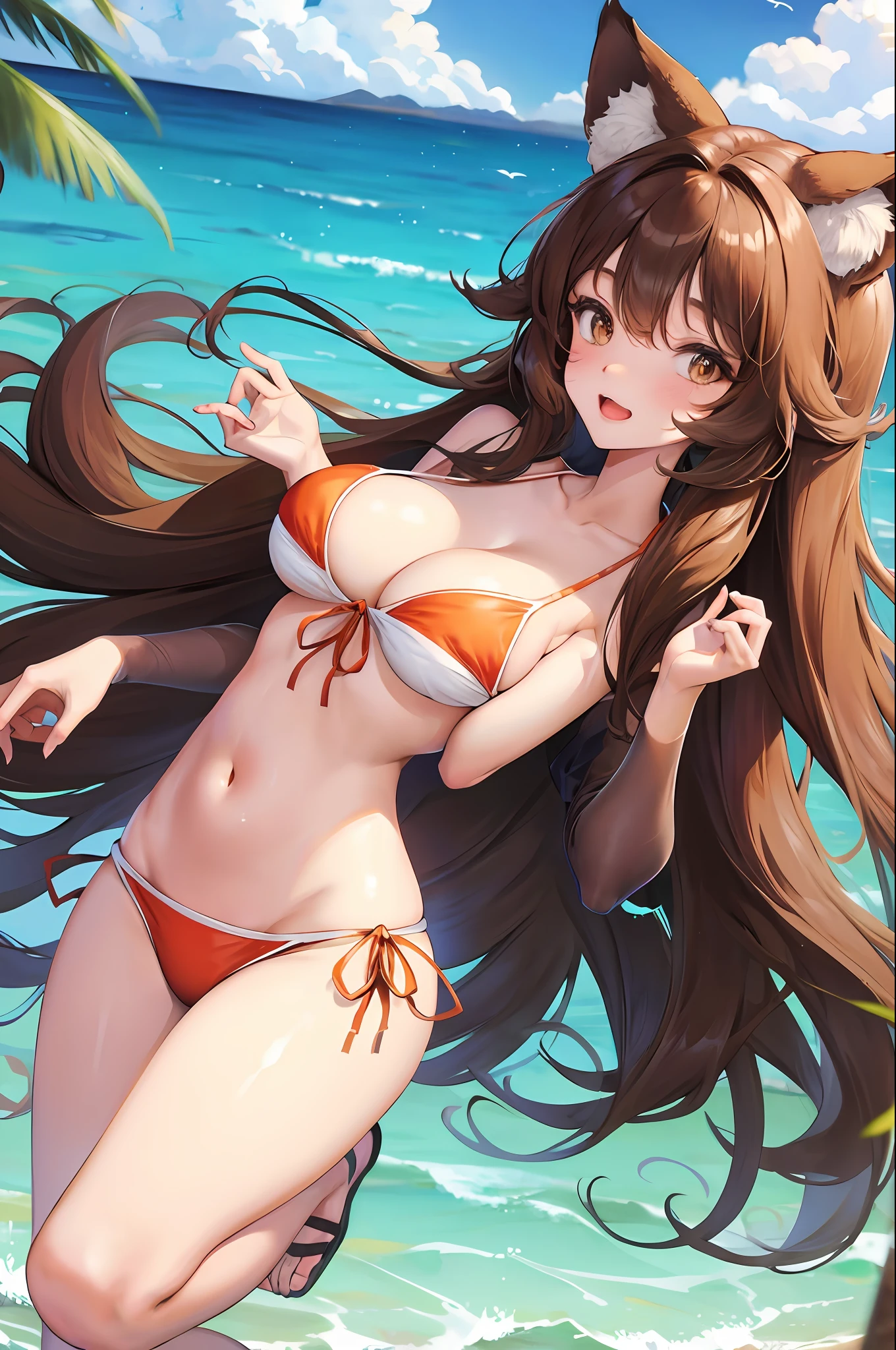 Cute , fluffy fox ears , brunette , Silky hair , brown eyes , bikini , beach , beautiful breast ,