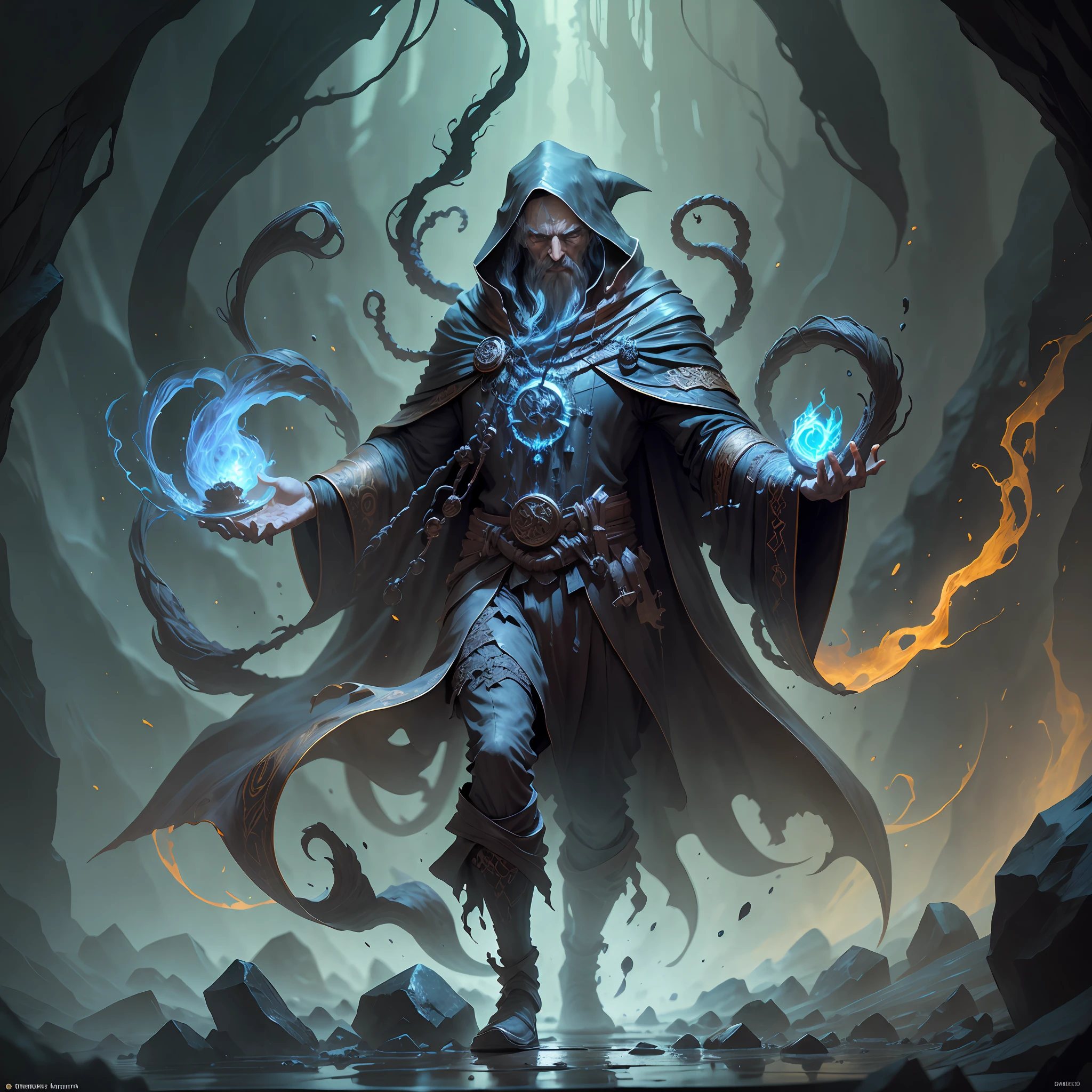 The wizard with his black robe floats in the air, his athletic body revealed by the loose garment, his serious face shows an expression of power, while his hands emanate a mysterious energy. He is inside a dark cave, lit only by a faint fire. The rocky floor reflects light, creating sinister shadows. Behind the mage, one can see a stone table with ancient scrolls and potions. The atmosphere is dark and fraught with mystery. Bronze sculpture, finely crafted details, using a chisel and hammer. --auto --s2