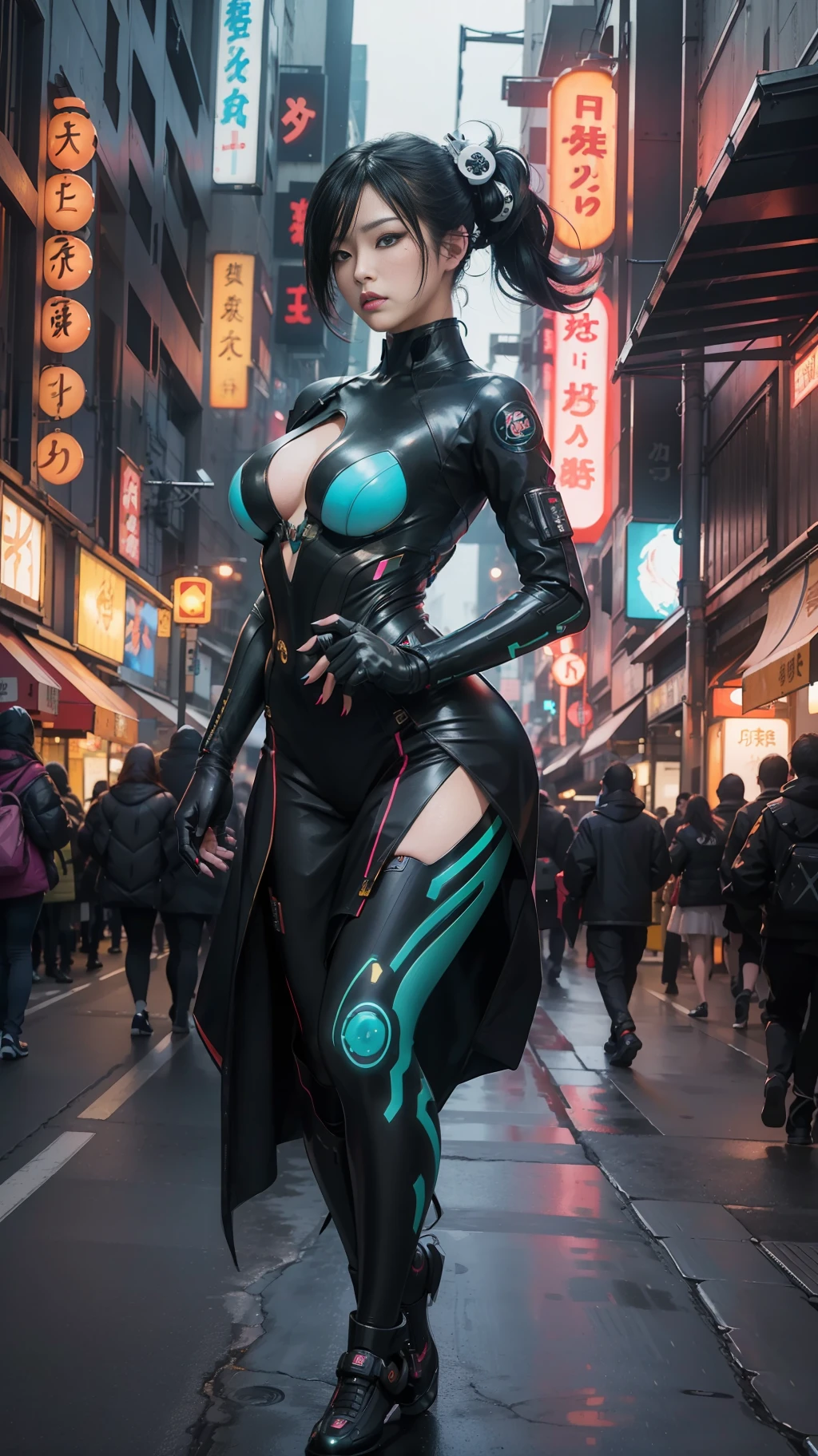 A hyperrealistic photograph of Japanese female cyberpunk android in a crowded street, geisha makeup and hairstyle, (((dynamic pose))), walking pose, flowing organic construction, detailed designs, glowing colorful circuitry, colorful neon trim, cinematic lighting, rim lighting, f/2.8, art by H.R. Giger, Greg Rutowski