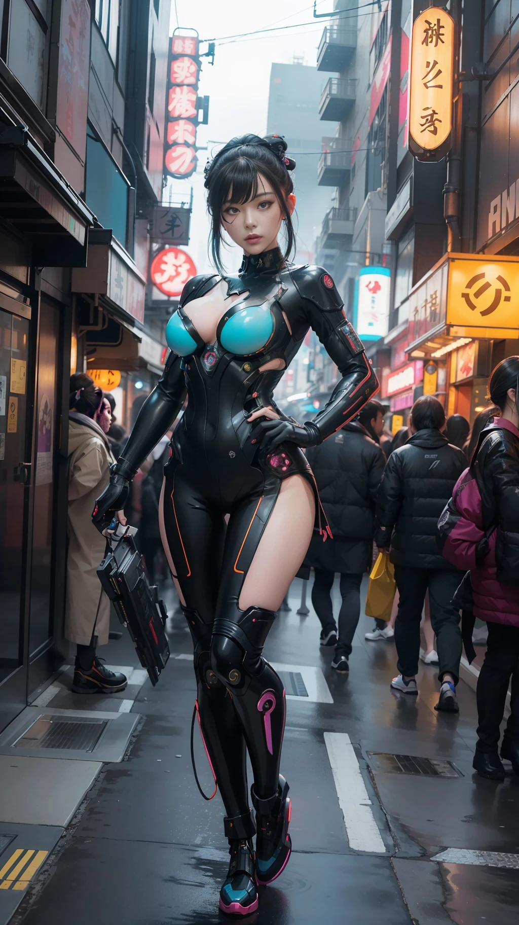 A hyperrealistic photograph of Japanese female cyberpunk android in a crowded street, geisha makeup and hairstyle, (((dynamic pose))), walking pose, flowing organic construction, detailed designs, glowing colorful circuitry, colorful neon trim, cinematic lighting, rim lighting, f/2.8, art by H.R. Giger, Greg Rutowski