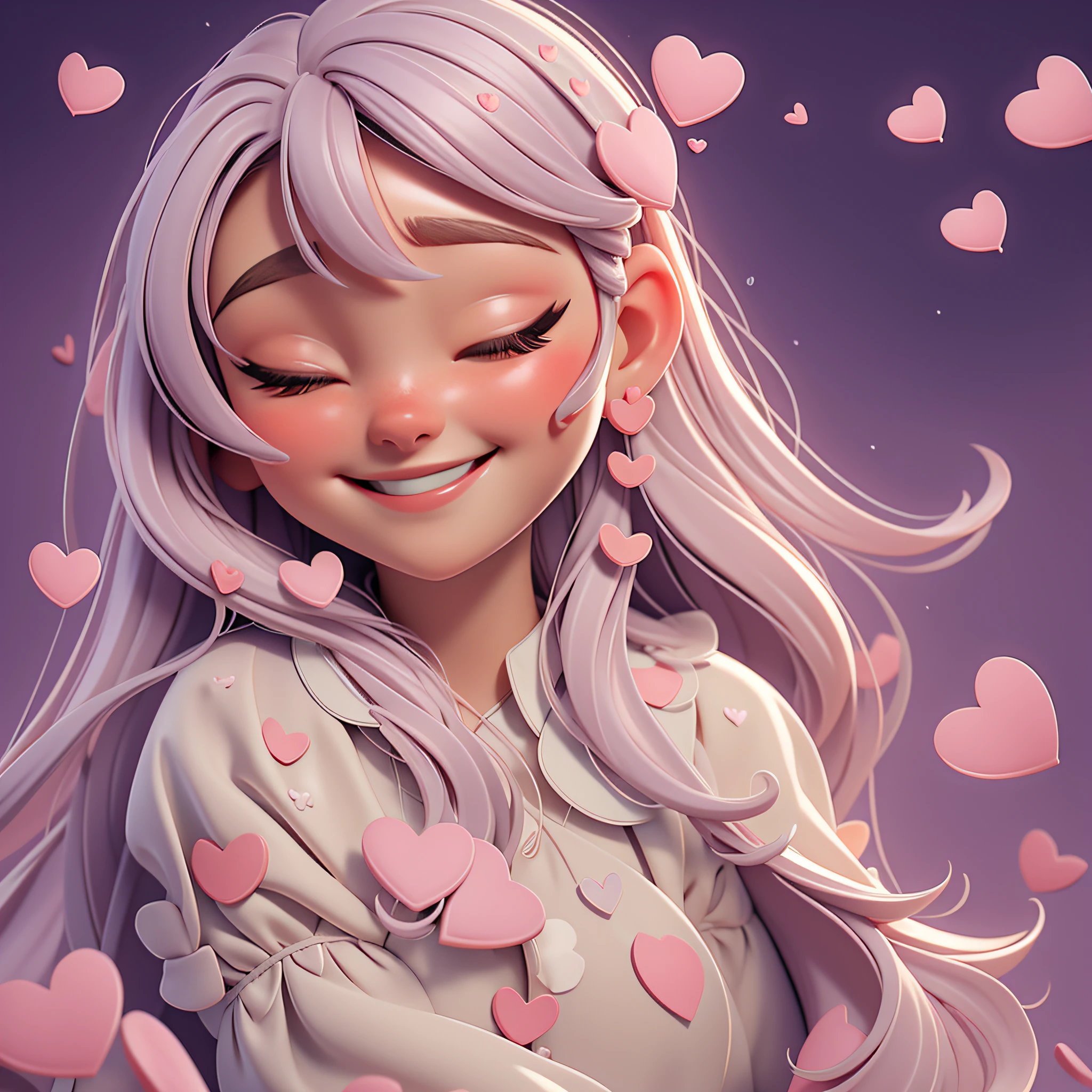 In this illustration, raindrops are transformed into hearts, falling gently on a character who has her eyes closed and a serene smile