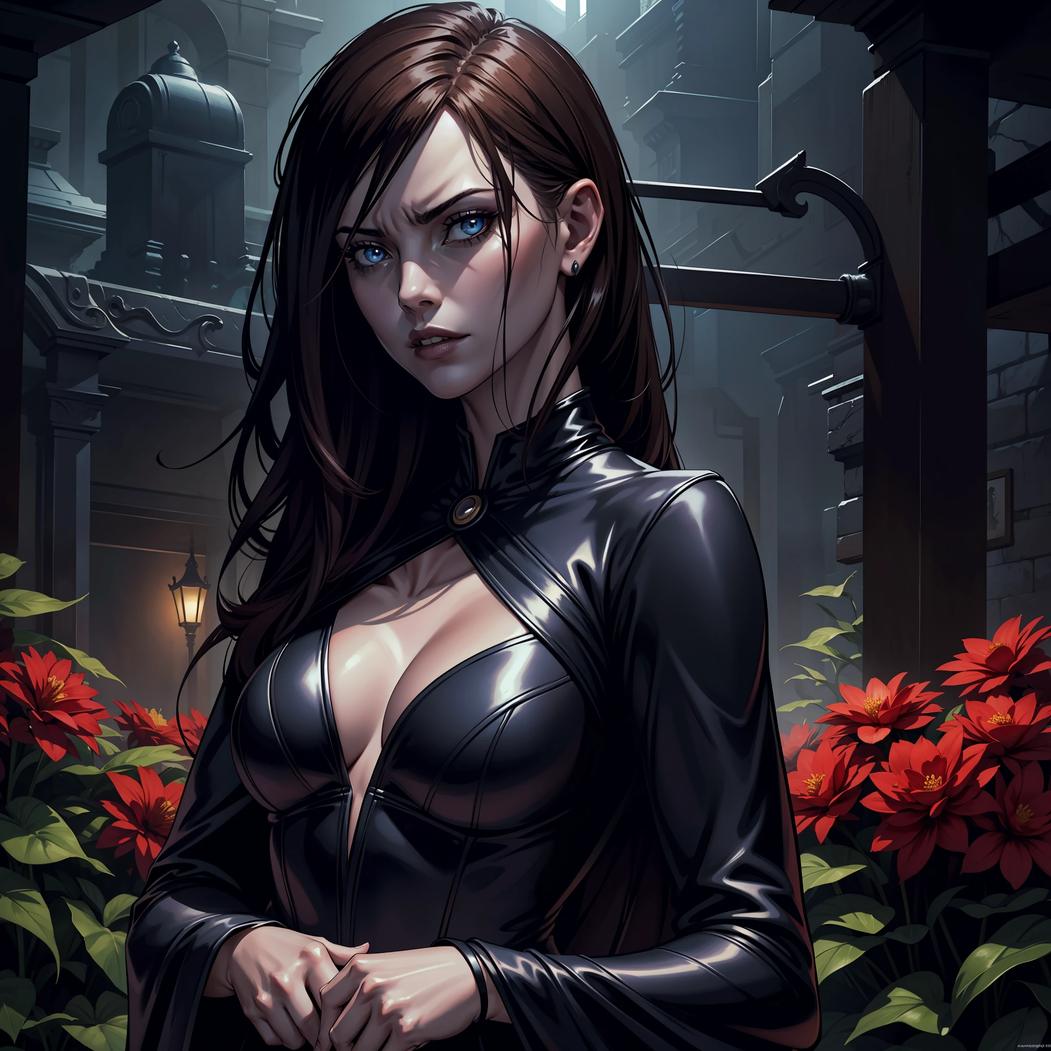 (extremely detailed 8k wallpaper), dark theme, Vampire the Masquerade, modern horror, 2020s, very beautiful woman, wearing executive dress, sharp focus, (subsurface scattering:1.1), award-winning photography, centered face, (Charlize Theron's face), half-body photo:1.1, long dark brown hair, blue eyes:1.2, serious expression, in front of a flowering garden at night,  dramatic lighting