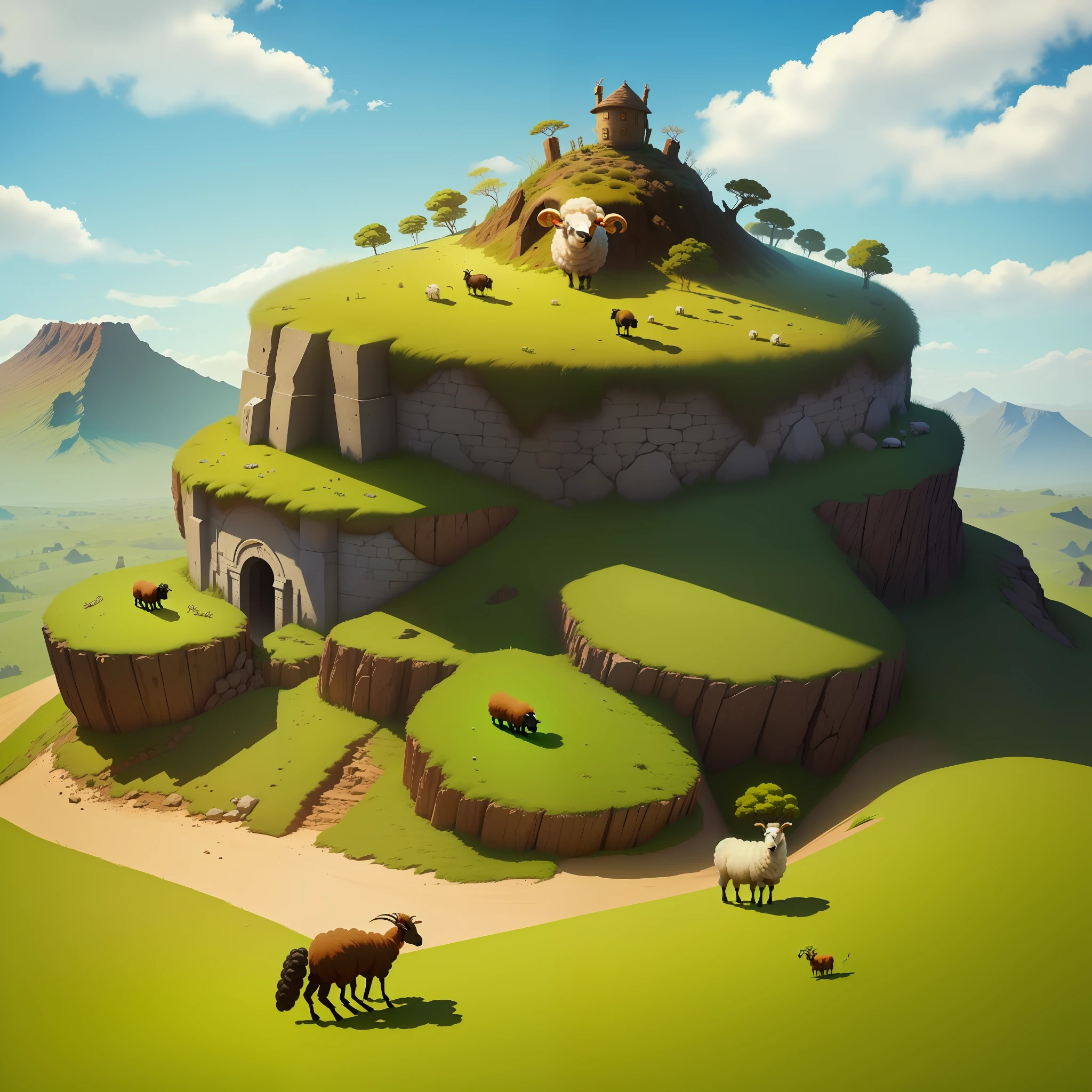 a funny sheep on an giant ant hill, funny, animation, fantasy